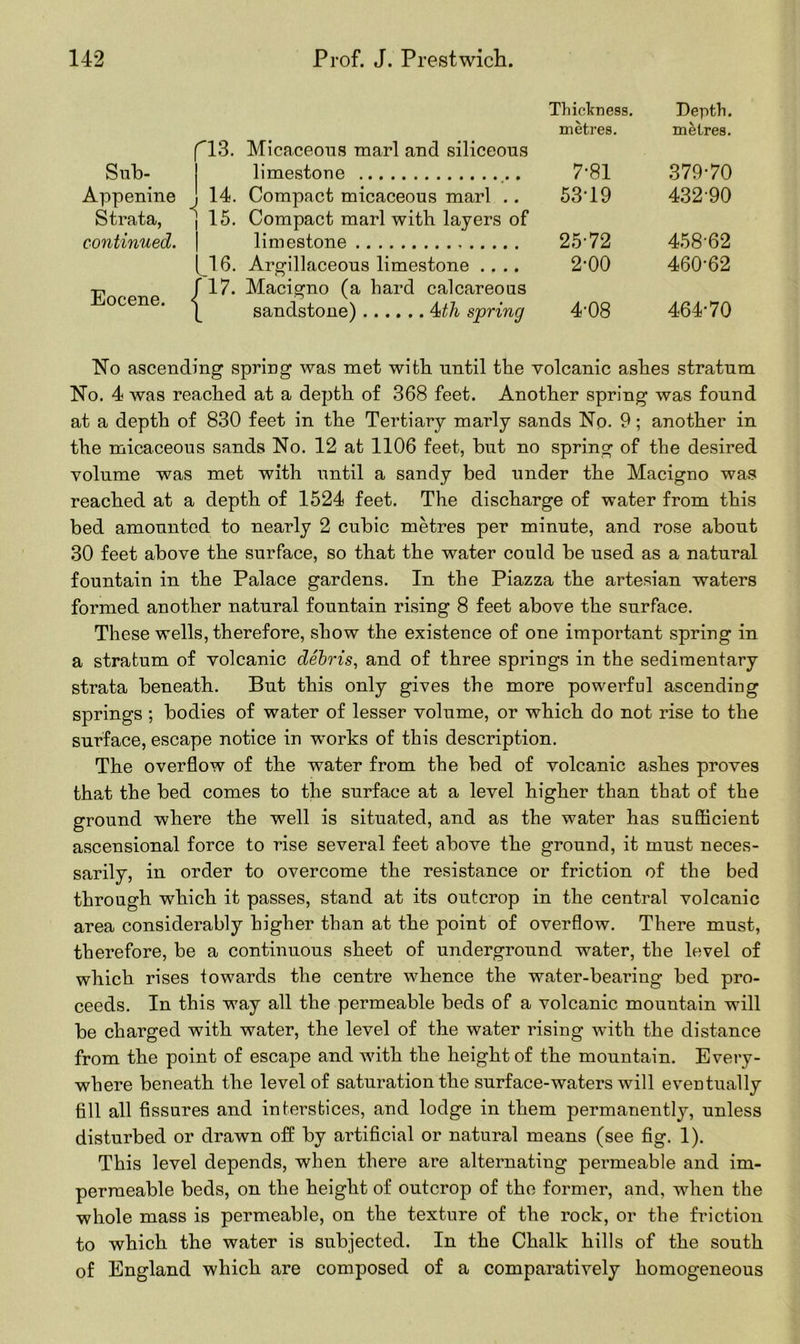 Sub- Appenine Strata, continued. Eocene. 13. Micaceous marl and siliceous limestone 14. Compact micaceous marl .. i 15. Compact marl with layers of limestone 116. Argillaceous limestone .... {17. Macigno (a hard calcareous sandstone) 4ith spring Thickness. Depth. metres. metres. 7*81 379-70 53-19 432-90 25-72 458-62 2-00 460-62 4-08 464-70 No ascending spring was met with until the volcanic ashes stratum No. 4 was reached at a depth of 368 feet. Another spring was found at a depth of 830 feet in the Tertiary marly sands No. 9; another in the micaceous sands No. 12 at 1106 feet, but no spring of the desired volume was met with until a sandy bed under the Macigno was reached at a depth of 1524 feet. The discharge of water from this bed amounted to nearly 2 cubic metres per minute, and rose about 30 feet above the surface, so that the water could be used as a natural fountain in the Palace gardens. In the Piazza the artesian waters formed another natural fountain rising 8 feet above the surface. These wells, therefore, show the existence of one important spring in a stratum of volcanic debris, and of three springs in the sedimentary strata beneath. But this only gives the more powerful ascending springs ; bodies of water of lesser volume, or which do not rise to the surface, escape notice in -works of this description. The overflow of the water from the bed of volcanic ashes proves that the bed comes to the surface at a level higher than that of the ground where the well is situated, and as the water has sufficient ascensional force to rise several feet above the ground, it must neces- sarily, in order to overcome the resistance or friction of the bed through which it passes, stand at its outcrop in the central volcanic area considerably higher than at the point of overflow. There must, therefore, be a continuous sheet of underground water, the level of which rises towards the centre whence the water-bearing bed pro- ceeds. In this way all the permeable beds of a volcanic mountain will be charged with water, the level of the water rising with the distance from the point of escape and with the height of the mountain. Every- where beneath the level of saturation the surface-waters will eventually fill all fissures and interstices, and lodge in them permanently, unless disturbed or drawn off by artificial or natural means (see fig. 1). This level depends, when there are alternating permeable and im- permeable beds, on the height of outcrop of the former, and, when the whole mass is permeable, on the texture of the rock, or the friction to which the water is subjected. In the Chalk hills of the south of England which are composed of a comparatively homogeneous