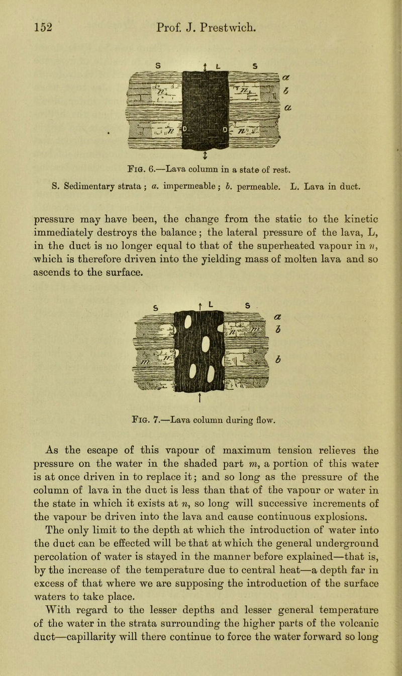 pressure may have been, the change from the static to the kinetic immediately destroys the balance ; the lateral pressure of the lava, L, in the duct is no longer equal to that of the superheated vapour in v, which is therefore driven into the yielding mass of molten lava and so ascends to the surface. Fig. 7.—Lava column during flow. As the escape of this vapour of maximum tension relieves the pressure on the water in the shaded part m, a portion of this water is at once driven in to replace it; and so long as the pressure of the column of lava in the duct is less than that of the vapour or water in the state in which it exists at n, so long will successive increments of the vapour be driven into the lava and cause continuous explosions. The only limit to the depth at which the introduction of water into the duct can be effected will be that at which the general underground percolation of water is stayed in the manner before explained—that is, by the increase of the temperature due to central heat—a depth far in excess of that where we are supposing the introduction of the surface waters to take place. With regard to the lesser depths and lesser general temperature of the water in the strata surrounding the higher parts of the volcanic duct—capillarity will there continue to force the water forward so long