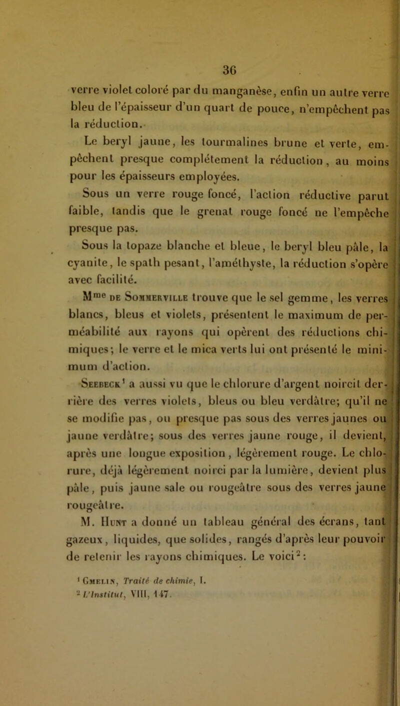 verre violet coloré par du manganèse, enfin un autre verre bleu de l’épaisseur d’un quart de pouce, n’empêchent pas la réduction. Le béryl jaune, les tourmalines brune et verte, em- ' pêchent presque complètement la réduction, au moins pour les épaisseurs employées. Sous un verre rouge foncé, l’action réductive parut faible, tandis que le grenat rouge foncé ne l’empêche presque pas. Sous la topaze blanche et bleue, le béryl bleu pîde, la; cyanite, le spath pesant, l’améthyste, la réduction s’opère avec facilité. ^ M™® DE SoMMERviLLE ti'ouvc quc le scl gcmiTie, les verres blancs, bleus et violets, présentent le maximum de per- méabilité aux rayons qui opèrent des réductions ebi-^ miques; le verre et le mica verts lui ont présenté le mini- mum d’action. J Seebeck’ a aussi vu que le chlorure d’argent noircit der- rière des verres violets, bleus ou bleu verdâtre; qu’il ne se modifie pas, ou presque pas sous des verres jaunes ou jaune verdâtre; sous des verres jaune rouge, il devient,' après une longue exposition , légèrement rouge. Le cblo^ rure, déjà légèrement noirci parla lumière, devient plus pâle, puis jaune sale ou rougeâtre sous des verres jaune rougeâtre. ' M. lIuNT a donné un tableau général des écrans, tant gazeux, liquides, que solides, rangés d’après leur pouvoir de retenir les rayons chimiques. Le voici L'Institut, VIII, 1i7.