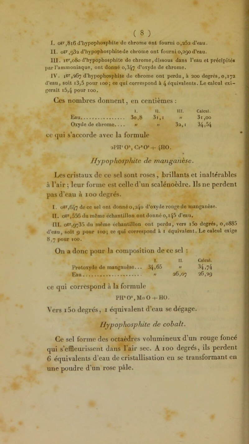 I. o*f,8i6d’Iiypopliosphite de chrome ont fourni o.aSî d’eau. H. osr.gSa d’hypophosphilede chrome ont fourni 0,290 d’eau. III. isr,o8od’hypophosphite de chrome,dissous dans l'eau et précipités par l’ammoniaque, ont donné 0,347 d’oxyde de chrome. IV. i*r,a67 d'hypophosphile do chrome ont perdu, à 200 degrés, 0,172 d’eau, soit i3,5 pour 100; ce qui correspond & 4 équivalents. Le calcul exi- gerait i5,4 pour 100. Ces nombres donnent, en centièmes : I. 11. m. Calcul. Eau 3o,8 31,1 » 31,00 Oxyde de chromo.... » » 32,1 34,54 ce qui s’accorde avec la formule 2PH‘ O», Cr'0'-t-4H0. Ilypophosphite de manganèse. Les cristaux de ce sel sont roses, brillants et inaltérables à l’air ; leur forme est celle d’un scalénoèdre. Ils ne perdent pas d’eau à 100 degrés. I. o*r,C47 docc sel ont donné 0,240 d’oxyde rouge do manganèse. II. O»'',556 du môme échantillon ont donné o,i45 d'eau. III. o*',9735 du même échantillon ont perdu, vers i5o degrés, o,o885 d’eau, soit 9 pour 100; ce qui correspond à 1 équivalent. Le calcul exige 8,7 pour 100. On a donc pour la composition de ce sel ; I. II. Calcul. Protoxyde de mangauèso... 34,65 « 34,74 Eau « 26,07 26,29 ce qui correspond à la formule PH>0’,Mn0-t-H0. Vers i5o degrés, i équivalent d’eau se dégage. Hypopliosphite de cobalt. Ce sel forme des octaèdre.s volumineux d’un rouge foncé qui s’effleurissent dans l’air sec. A 100 degrés, ils perdent 6 équivalents d’eau de cristallisation en se transformant en une poudre d’un rose pâle.