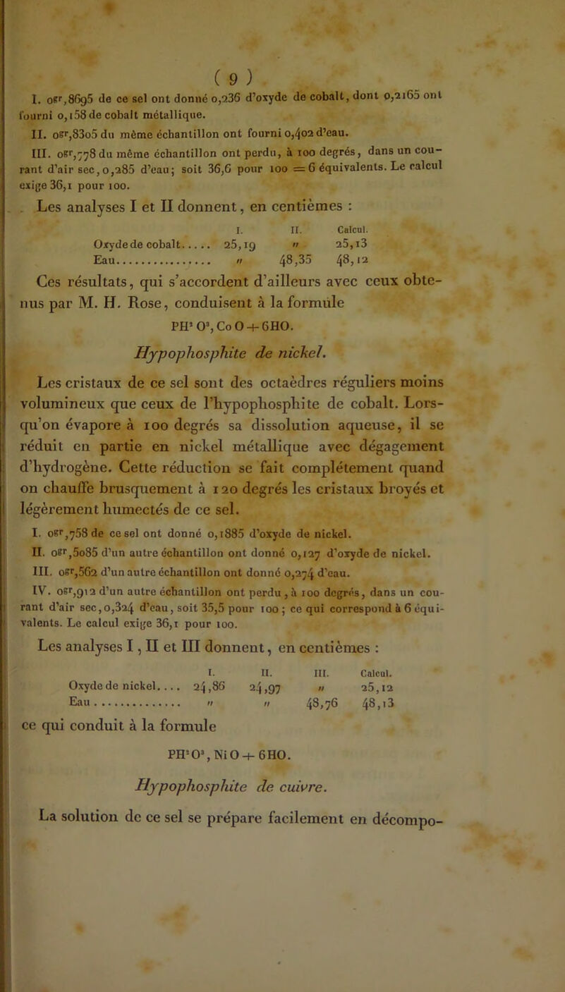 1. o^i'.SGgS (la ce sel ont donné 0,236 d’oxyde de cobalt, dont o,2i63 ont i'oiirni o,i58de cobalt métallique. IL oK'',83o5 du même échantillon ont fourni o,(jo2 d’eau. III. oB'',778du même échantillon ont perdu, à loo degrés, dans un cou- rant d’air sec,O,a85 d’eau; soit 36,6 pour loo = 6 équivalents. Le calcul exige 36,1 pour loo. Les analyses I et II donnent, en centièmes : I. II. Calcul. Oiydede cobalt 26,19  26,i3 Eau « 4^,35 4^7*^ Ces résultats, qui s’accordent d’ailleurs avec ceux obte- nus par M. H, Rose, conduisent à la formule PH’ O’, Co O 6H0. Hypophosphite de nickel. Les cristaux de ce sel sont des octaèdres réguliers moins volumineux que ceux de l’hypopbospbite de cobalt. Lors- qu’on évapore à 100 degrés sa dissolution aqueuse, il se 1 réduit en partie en nickel métallique avec dégagement d’hydrogène. Cette réduction se fait complètement quand on chauffe brusquement à 120 degrés les cristaux broyés et I légèrement humectés de ce sel. I. oK'’,758de ce sel ont donné o,i885 d’oxyde de nickel. II. oS'',5o85 d’un autre échantillon ont donné 0,127 d’oxyde de nickel. III. oer,562 d’un autre échantillon ont donné 0,274 d’eau. IV. oS'',9i2 d’un autre échantillon ont perdu, à 100 degrés, dans un cou- I rant d’air sec,0,824 d’eau, soit 35,5 pour 100; ce qui correspond à 6 équi- I valents. Le calcul exige 36,i pour 100. Les analyses I, Il et III donnent, en centièmes : I. U. lU. Calcul. Oxyde de nickel.... 24,86 24,97 « 26,12 Eau » ri 4^,y6 4^»'^ 1 ce qui conduit à la formule PH'0%Ni0-t-6H0. Hypophosphite de cuivre. La solution de ce sel se prépare facilement en décompo-