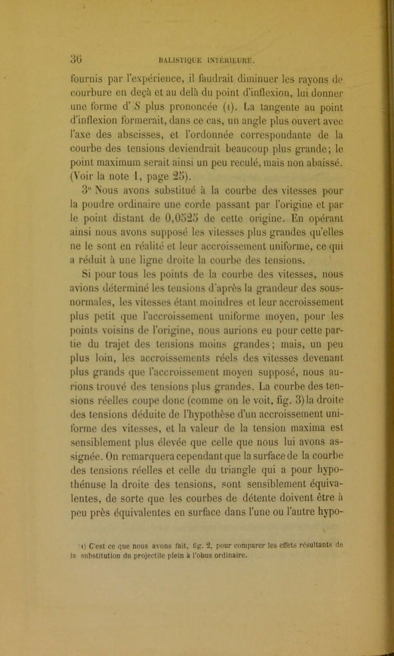 fournis par l’expérience, il faudrait diminuer les rayons de courbure en deçà et au delà du point d’inflexion, lui donner une forme d’S plus prononcée (i). La tangente au point d’inflexion formerait, dans ce cas, un angle plus ouvert avec l’axe des abscisses, et l’ordonnée correspondante de la coui'be des tensions deviendrait beaucoup plus grande ; le point maximum serait ainsi un peu reculé, mais non abaissé. (Voir la note 1, page 25). 3° Nous avons substitué à la courbe des vitesses pour la poudre ordinaire une corde passant par l’origine et par le point distant de 0,0525 de cette origine. En opérant ainsi nous avons supposé les vitesses plus grandes quelles ne le sont en réalité et leur accroissement uniforme, ce qui a réduit à une ligne droite la courbe des tensions. Si pour tous les points de la courbe des vitesses, nous avions déterminé les tensions d’après la grandeur des sous- normales, les vitesses étant moindres et leur accroissement plus petit que l’accroissement uniforme moyen, pour les points voisins de l’origine, nous aurions eu pour celte par- tie du trajet des tensions moins grandes ; mais, un peu plus loin, les accroissements réels des vitesses devenant plus grands que l’accroissement moyen supposé, nous au- rions trouvé des tensions plus grandes. La courbe des ten- sions réelles coupe donc (comme on le voit, fig. 3) la droite des tensions déduite de l’hypothèse d’un accroissement uni- forme des vitesses, et la valeur de la tension maxima est sensiblement plus élevée que celle que nous lui avons as- signée. On remarquera cependant que la surface de la courbe des tensions réelles et celle du triangle qui a pour hypo- thénuse la droite des tensions, sont sensiblement équiva- lentes, de sorte que les courbes de détente doivent être à peu près équivalentes en surface dans l’une ou l’autre hypo- i) C'est ce que nous avons lait, Iîr. 2, pour comparer les effets résultants de ta substitution du projectile plein à l'obus ordinaire.