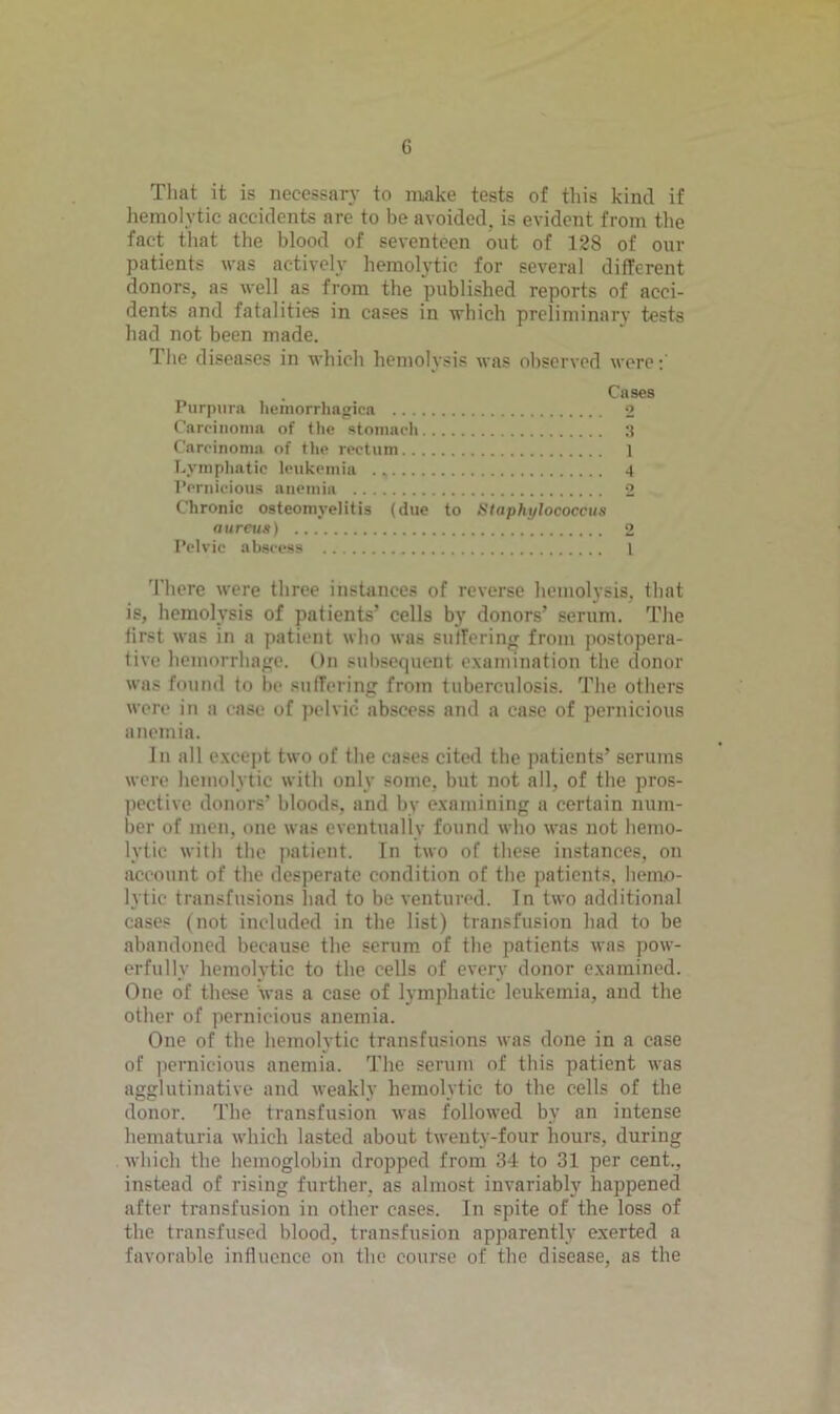 G That it is necessary to make tests of this kind if hemolytic accidents are to be avoided, is evident from the fact that the blood of seventeen out of 128 of our patients was actively hemolytic for several different donors, as well as from the published reports of acci- dents and fatalities in cases in which preliminary tests had not been made. 1 he diseases in which hemolysis was observed were:’ Cases Purpura hemorrhagica 2 Carcinoma of the stomach 3 Carcinoma of the rectum 1 Lymphatic leukemia 4 Pernicious anemia 2 Chronic osteomyelitis (due to Staphylococcus aureus) 2 Pelvic abscess I There were three instances of reverse hemolysis, that is, hemolysis of patients’ cells by donors’ serum. The first was in a patient who was suffering from postopera- tive hemorrhage. On subsequent examination the donor was found to bo suffering from tuberculosis. The others were in a ease of pelvic abscess and a case of pernicious anemia. In all except two of the cases cited the patients’ serums were hemolytic with only some, but not all, of the pros- pective donors’ bloods, and by examining a certain num- ber of men, one was eventually found who was not hemo- lytic with the patient. In two of these instances, on account of the desperate condition of the patients, hemo- lytic transfusions had to be ventured. In two additional cases (not included in the list) transfusion had to be abandoned because the serum of the patients was pow- erfully hemolytic to the cells of every donor examined. One of these was a case of lymphatic leukemia, and the other of pernicious anemia. One of the hemolytic transfusions was done in a case of pernicious anemia. The serum of this patient was agglutinative and weakly hemolytic to the cells of the donor. The transfusion was followed bv an intense hematuria which lasted about twenty-four hours, during which the hemoglobin dropped from 34 to 31 per cent., instead of rising further, as almost invariably happened after transfusion in other cases. In spite of the loss of the transfused blood, transfusion apparently exerted a favorable influence on the course of the disease, as the
