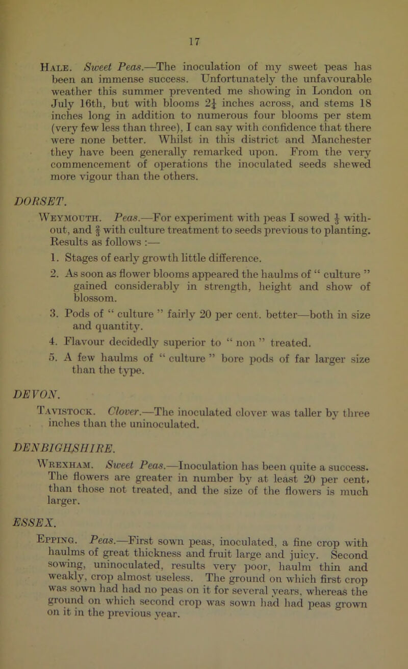 Hale. Sweet Peas.—The inoculation of my sweet peas has been an immense success. Unfortunately the unfavourable weather this summer prevented me showing in London on July 16th, but with blooms inches across, and stems 18 inches long in addition to numerous four blooms per stem (very few less than three), I can say with confidence that there were none better. Whilst in this district and Manchester tliey have been generally remarked upon. From the very commencement of operations the inoculated seeds shewed more vigour than the others. DORSET. Weymouth. Peas.—For experiment with peas I sowed J with- out, and f with culture treatment to seeds previous to planting. Results as follows ;— 1. Stages of early growth little difference. 2. As soon as flower blooms appeared tlie haulms of “ culture ” gained considerably in strength, lieight and show of blossom. 3. Pods of “ culture ” fairly 20 per cejit. better—both in size and quantity. 4. Flavour decidedly superior to “ non ” treated. 5. A few haulms of “ culture ” bore pods of far larger size than the type. DEVON. T.avistock. Clover.—The inoculated clover was taller by three inches than the uninoculated. DENBIGHSHIRE. M REXHAM. Sweet Peas.—Inoculation has been quite a success. The flowers are greater in number by at least 20 per cent, than those not treated, and the size of the flowers is much larger. ESSEX. Epping. Peas.—First sown peas, inoculated, a fine crop with haulms of great thickness and fruit large and juicy. Second sowing, uninoculated, results very poor, haulm thin and weakly, crop almost useless. The ground on which first crop was sown had had no peas on it for several years, whereas the ground on which second crop was sown had had peas gi-own on it in the previous year.