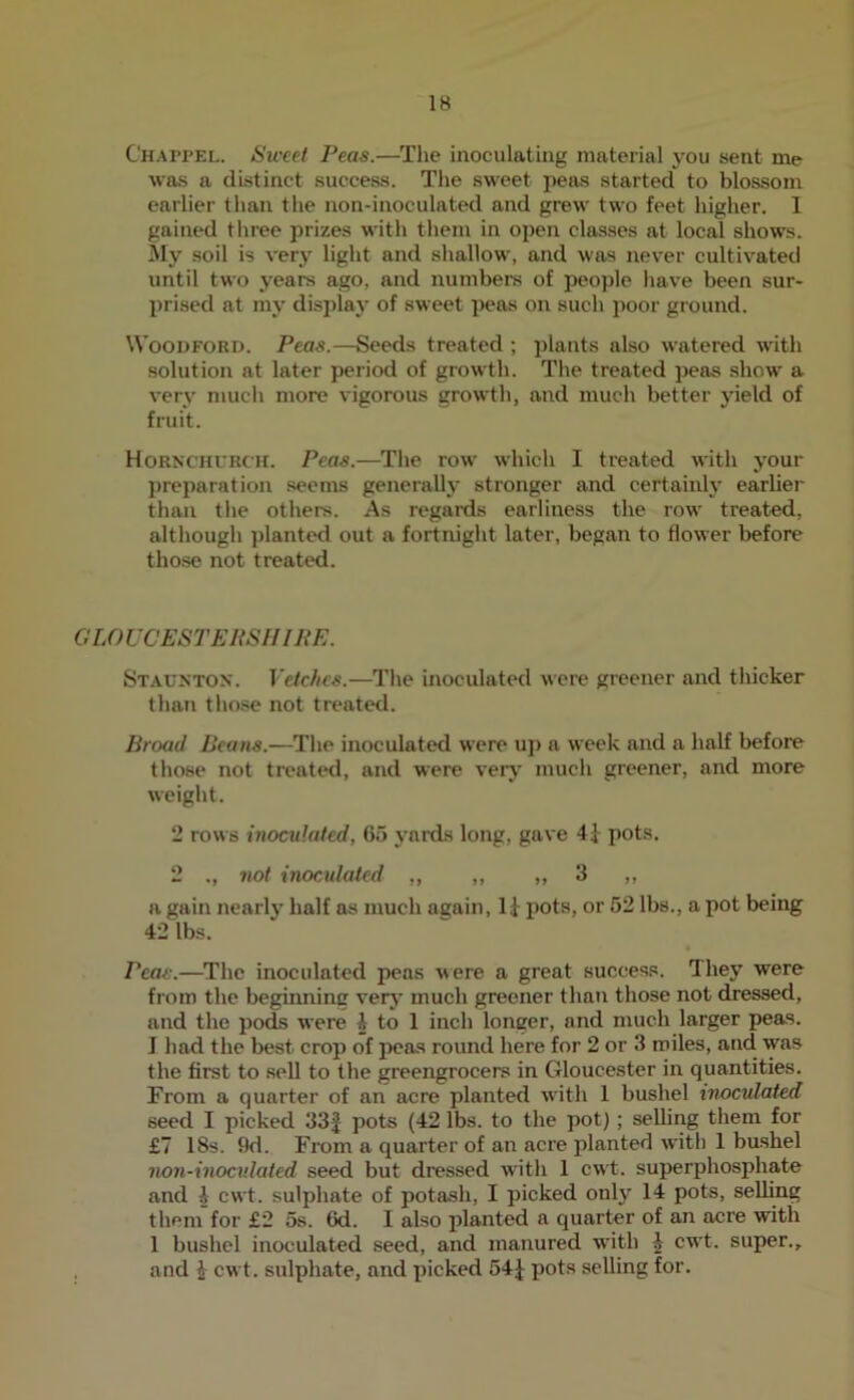 Chappel. Sweet Peas.—The inoculating material j^ou sent me was a distinct success. Tlie sweet peas started to blossom earlier than the non-inoculated and grew two feet higher. I gained tliree prizes with them in open classes at local shows. My soil is very light and shallow, and was never cultivated until two years ago, and numbers of people hav’e been sur- prised at my displaj' of sweet peas on such poor ground. Woodford. Peas.—Seeds treated ; plants also watered with solution at later period of growth. The treated peas show a very much more vigorous growth, and much better jdeld of fruit. Hornchurch. Peas.—The row which I treated with your j)reparation seems generally stronger and certainly earlier than the others. As regards earliness the row treated, although planted out a fortnight later, began to flower before those not treated. GLOUCESTEIiSIIIPE. Staunton. Vetches.—The inoculated were greener and thicker than tho.se not treated. Broad Deans.—The inoculated were uj) a week and a half before those not treated, and were verj' much greener, and more weight. 2 rows inoculated, 65 yards long, gave 41^ pots. 2 ., not inoculated „ ,, „ 3 ,, a gain nearly half as much again, pots, or 52 lbs., a pot being 42 lbs. Peas.—The inoculated peas were a great success. They were from the beginning verj- much greener than those not dressed, and the pods were i to 1 inch longer, and much larger peas. J had the best crop of peas round here for 2 or 3 miles, and was the first to .sell to the greengrocers in Gloucester in quantities. From a quarter of an acre planted with 1 bushel inoculated seed I picked 33J pots (42 lbs. to the pot) ; selling them for £7 18s. f)d. From a quarter of an acre planted with 1 bushel non-inoculated seed but dressed with 1 cwt. superphosphate and i cwt. sulphate of potash, I picked only 14 pots, selling them for £2 5s. 6d. I also planted a quarter of an acre with 1 bushel inoculated seed, and manured with J cwt. super., . and i cwt. sulphate, and picked 54J pots selling for.