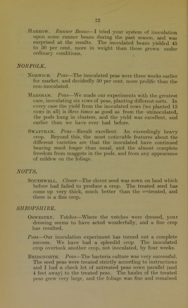 Harrow. Bunner Beam—I tried your system of inoculation upon some runner beans during the past season, and was sur]irised at the results. The inoculated beans yielded 45 to 50 per cent, more in weight than those grown under ordinary conditions. NORFOLK. Norwich. Peas—The inoculated peas were three weeks earlier for market, and decidedlj- 50 jier cent, more prolific than the non-inoculated. Mar.sham. Peas—\^’e made our experiments with the greatest care, inoculating six rows of peas, planting different sorts. In ever\’ case the yield from the inoculated rows (we planted 15 rows in all) is three times as good as from the uninoculated, the pods hung in clusters, and the yield was excellent, and earlier than we have ever had before. Sw.\FFH.\M. Peas—Result excellent. An e.xceedingly heavy crop. Beyond this, the most noticeable features about the different varieties are that the inoculated have continued bearing much longer than usual, and the almost complete freedom from maggots in the jiods, and from any appearance of mildew on the foliage. NOTTS. Southwell. Clover—The clover seed was sown on land which before had failed to produce a crop. The treated seed has come up very thick, much better than the untreated, and there is a fine crop. SHROPSHIRE. Oswestry. Vetches—Where the vetches were dressed, your dressing seems to have acted wonderfully, and a fine crop has resulted. Peas—Our inoculation experiment has turned out a complete success. We have had a splendid crop. The inoculated crop overtook another crop, not inoculated, by four weeks. Bridgnorth. Peas—The bacteria culture was vei-y successful. The seed peas were treated strictly according to instructions and I had a check lot of untreated peas sown parallel (and 4 feet aivay) to the treated peas. The haulm of the treated peas grew very large, and the foliage w'as fine and remained