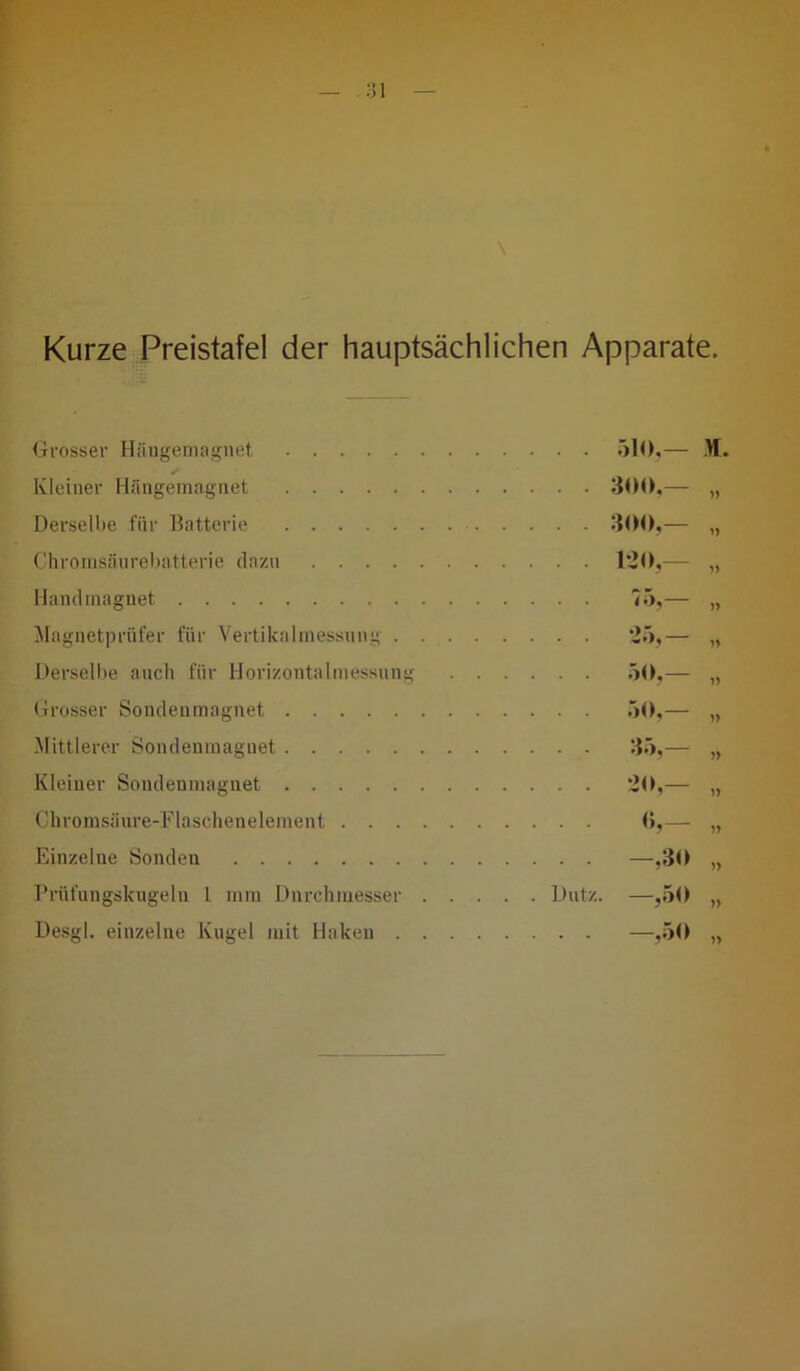 Kurze Preistafel der hauptsächlichen Apparate, •Grosser Hängemagnet 510,— Kleiner Hängemagnet 300,— Derselbe für Batterie 300,— Chromsäurebatterie dazu 120,— Handmagnet 75,— Magnetprüfer für Vertikalmessung 25,— Derselbe auch für Horizontalmessung 50,— Grosser Sondenmagnet 50,— Mittlerer Sondenmaguet 35,— Kleiner Sondenmagnet 20,— Chromsäure-Flaschenelement 6,— Einzelne Sonden —,30 Prüfungskugeln 1 mm Dnrchmesser Dutz. —,50 Desgl. einzelne Kugel mit Haken —,50 >1. }) » » )> »