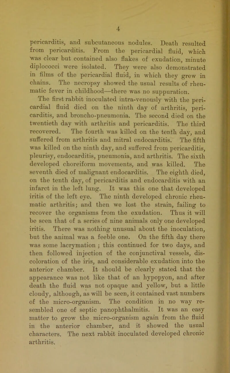 pericarditis, and subcutaneous nodules. Death resulted from pericarditis. From the pericardial fluid, which was clear but contained also flakes of exudation, minute diplococci were isolated. They were also demonstrated in films of the pericardial fluid, in which they grew in chains. The necropsy showed the usual results of rheu- matic fever in childhood—there was no suppuration. The first rabbit inoculated intra-venously with the peri- cardial fluid died on the ninth day of arthritis, peri- carditis, and broncho-pneumonia. The second died on the twentieth day with arthritis and pericarditis. The third recovered. The fourth was killed on the tenth day, and suffered from arthritis and mitral endocarditis. The fifth was killed on the ninth day, and suffered from pericarditis, pleurisy, endocarditis, pneumonia, and arthritis. The sixth developed choreiform movements, and was killed. The seventh died of malignant endocarditis. The eighth died, on the tenth day, of pericarditis and endocarditis with an infarct in the left lung. It was this one that developed iritis of the left eye. The ninth developed chronic rheu- matic arthritis; and then we lost the strain, failing to recover the organisms from the exudation. Thus it will be seen that of a series of nine animals only one developed iritis. There was nothing unusual about the inoculation, but the animal was a feeble one. On the fifth day there was some lacrymation ; this continued for two days, and then followed injection of the conjunctival vessels, dis- coloration of the iris, and considerable exudation into the anterior chamber. It should be clearly stated that the appearance was not like that of an hypopyon, and after death the fluid was not opaque and yellow, but a little cloudy, although, as will be seen, it contained vast numbers of the micro-organism. The condition in no way re- sembled one of septic panophthalmitis. It was an easy matter to grow the micro-organism again from the fluid in the anterior chamber, and it showed the usual characters. The next rabbit inoculated developed chronic arthritis.