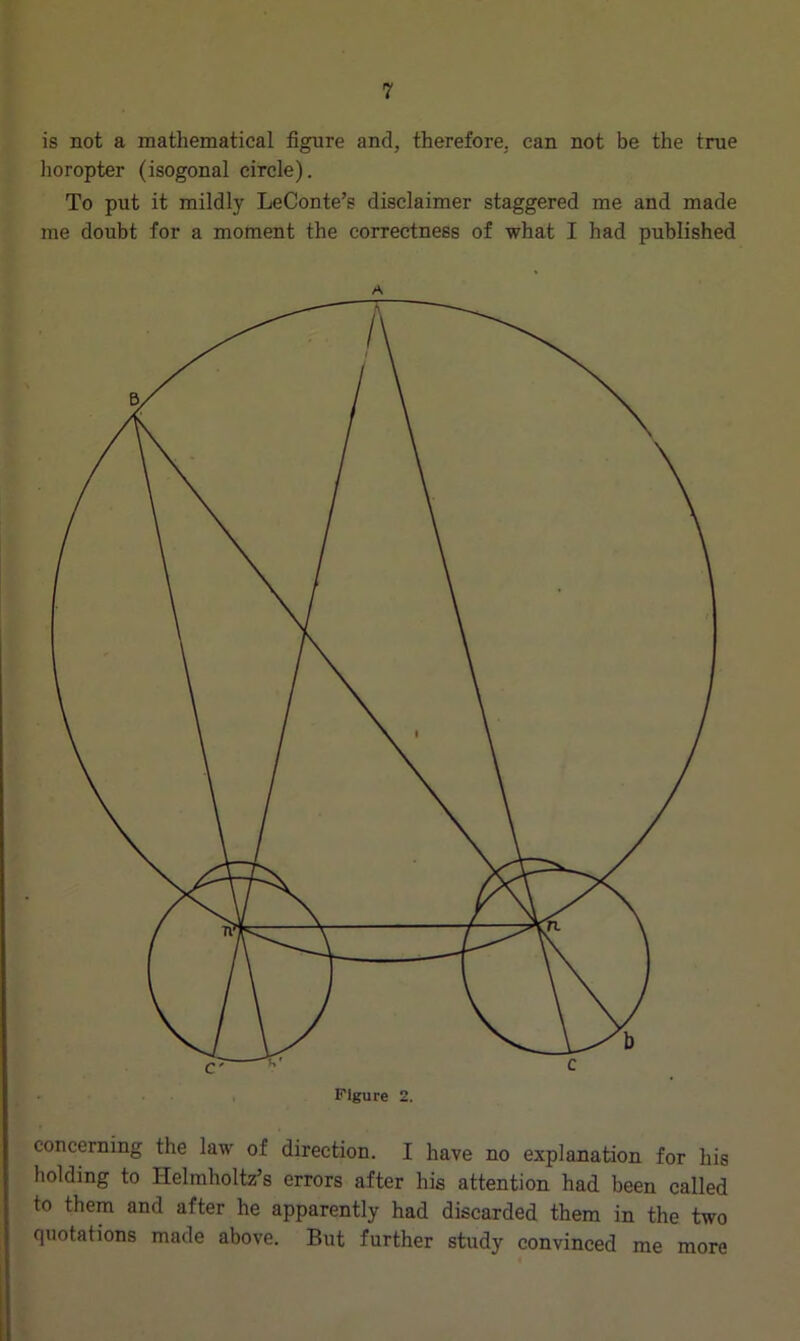 is not a mathematical figure and, therefore, can not be the true horopter (isogonal circle). To put it mildly LeConte’s disclaimer staggered me and made me doubt for a moment the correctness of what I had published A concerning the law of direction. I have no explanation for his holding to Helmholtz’s errors after his attention had been called to them and after he apparently had discarded them in the two quotations made above. But further study convinced me more