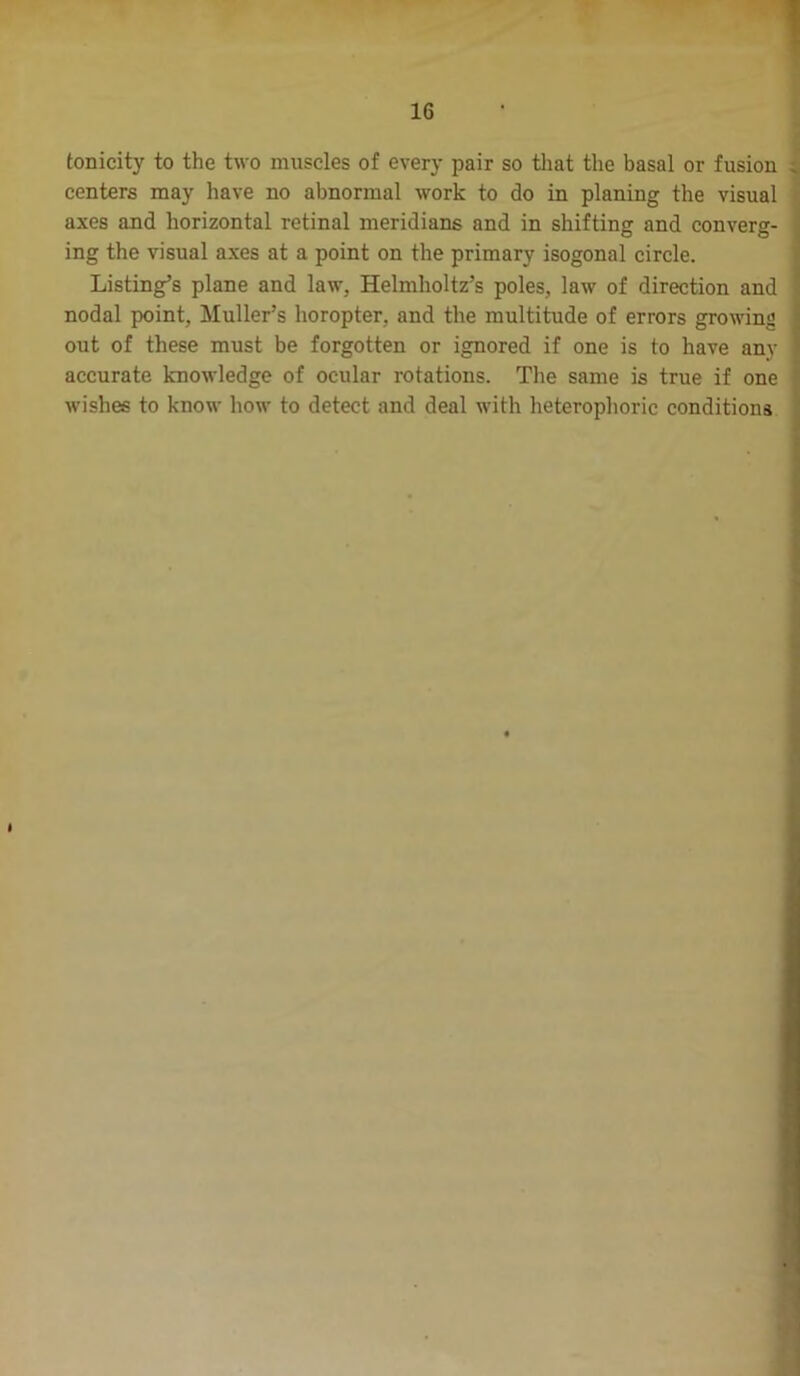 tonicity to the two muscles of every pair so that the basal or fusion centers may have no abnormal work to do in planing the visual axes and horizontal retinal meridians and in shifting and converg- ing the visual axes at a point on the primary isogonal circle. Listing’s plane and law, Helmholtz’s poles, law of direction and nodal point, Muller’s horopter, and the multitude of errors growing out of these must be forgotten or ignored if one is to have any accurate knowledge of ocular rotations. The same is true if one wishes to know how to detect and deal with heterophoric conditions