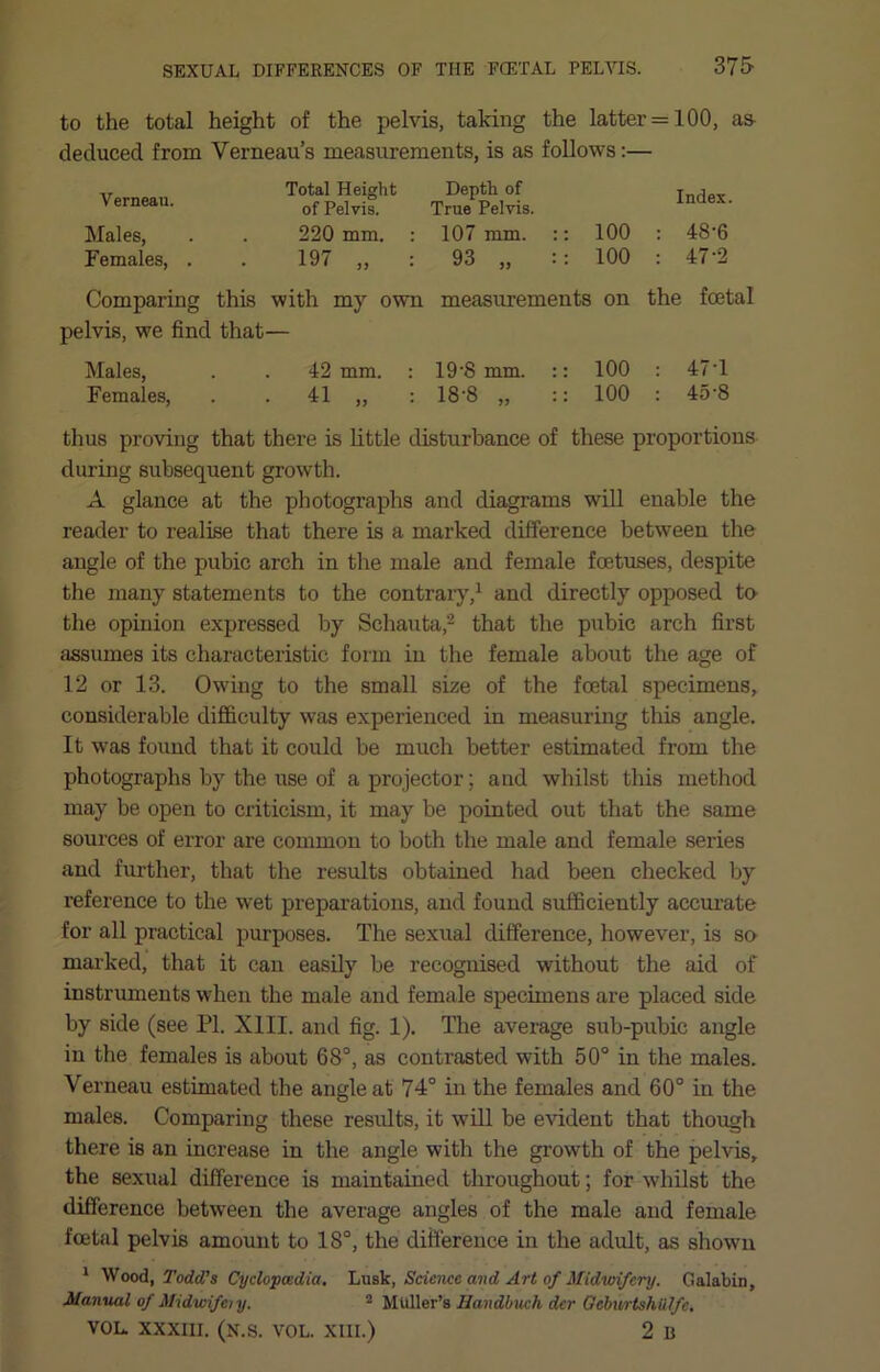 to the total height of the pelvis, taking the latter = 100, as- deduced from Verneau’s measurements, is as follows:— Verneau. Males, Females, Total Height Depth of of Pelvis. True Pelvis. 220 mm. : 107 ram. 197 „ : 93 „ Index. 100 : 48-6 100 : 47-2 Comparing this with my own measurements on the foetal pelvis, we find that— Males, . . 42 mm. ; 19‘8 mm. :: 100 : 47'1 Females, . . 41 „ : 18'8 „ :: 100 : 45'8 thus proving that there is Little disturbance of these proportions during subsequent growth. A glance at the photographs and diagrams will enable the reader to realise that there is a marked difference between the angle of the pubic arch in the male and female foetuses, despite the many statements to the contraiy,^ and directly opposed to- the opinion expressed by Schauta,^ that the pubic arch first assumes its characteristic form in the female about the age of 12 or 13. Owing to the small size of the foetal specimens, considerable difficulty was experienced in measuring this angle. It was found that it could be much better estimated from the photographs by the use of a projector; and whilst this method may be open to criticism, it may be pointed out that the same sources of error are common to both the male and female series and further, that the results obtained had been checked by reference to the wet preparations, and found sufficiently accurate for all practical purposes. The sexual difference, however, is so- marked, that it can easily be recognised without the aid of instruments when the male and female specimens are placed side by side (see PI. XIII. and fig. 1). The average sub-pubic angle in the females is about 68®, as contrasted with 50° in the males. Verneau estimated the angle at 74° in the females and 60° in the males. Comparing these results, it will be evident that though there is an increase in the angle with the growth of the pelvis, the sexual difference is maintained throughout; for whilst the difference between the average angles of the male and female foetal pelvis amount to 18°, the difference in the adult, as shown * ^Vood, Todd’s Cyclopoedia, Im&V, Science and Art of Midwifery. Galabin, Manual of Midwifety. ^ Muller’s Handbiwh dcr Gebivrtshillfc,