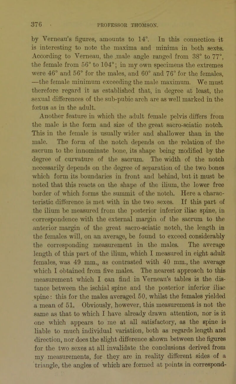 by Verneau’s figures, amounts to 14°. lu this eoimectiou it is interesting to note the maxima and minima in both sexBs. According to Verneau, the .male angle ranged from 38° to 77°, the female from 56° to 104°; in my own specimens the extremes were 46° and 56° for the males, and 60° and 76° for the females, —the female minimum exceeding the male maximum. We must therefore regard it as established that, in degree at least, the sexual differences of the sub-pubic arch are as well marked in the foetus as in the adult. Another feature in which the adult female pelvis differs from the male is the form and size of the great sacro-sciatic notch. This in the female is usually wider and shallower than in the male. The form of the notch depends on the relation of the sacrum Ui the innominate bone, its shape being modified by the degree of curvature of the sacrum. The width of the notch necessarily depends on the degree of separation of the two bones which form its boundaries in front and behind, hut it must be noted that this retrcts on the shape of the ilium, the lower free border of which forms the summit of the notch. Here a charac- teristic difference is met with in the two sexes. If this part of the ilium be measured from the posterior inferior iliac spine, in correspondence with the external mai*gin of the sacrum to the anterior mai-giu of the great sacro-sciatic notch, the length in the females will, on an average, be found to exceed considerably the corresponding measurement in the males. The average length of this part of the ilium, which I measured in eight adult females, was 49 mm., as contrasted with 40 mm., the average which 1 obtained from five males. The nearest approach to tliis measurement which I can find in Verneau’s tables is the dis- tance between the ischial spine and the posterior inferior iliac spine: this for the males averaged 50, whilst the females yielded a mean of 51. Obviously, however, this measmement is not the same as that to which I have already drawn attention, nor is it one which appears to me at all satisfactory, as the spine is liable to much individual variation, both as regards length and direction, nor does the slight difference shown between the figures for the two sexes at all invalidate the conclusions derived from my measurements, for they are in reality different sides of a triangle, the angles of which are formed at points in correspond-