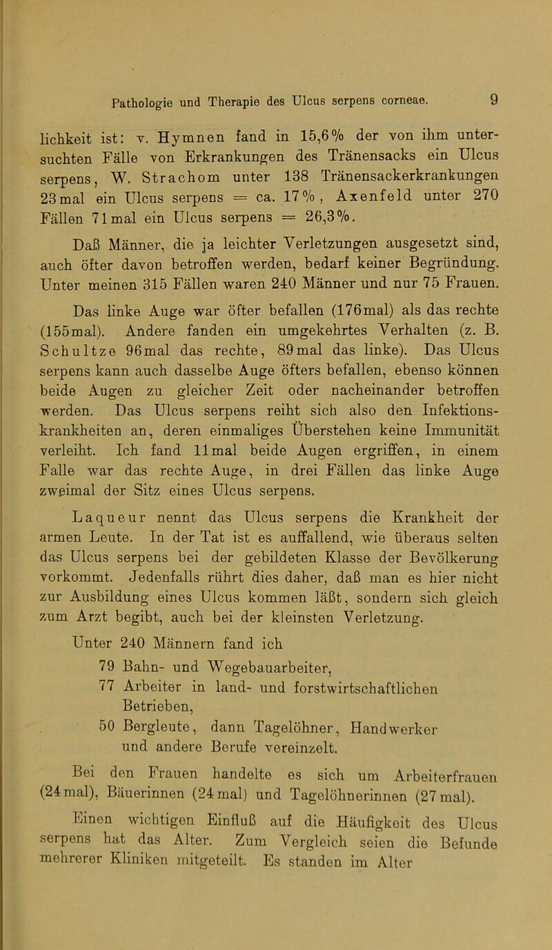 lichkeit ist: v. Hymnen fand in 15,6% der von ihm unter- suchten Fälle von Erkrankungen des Tränensacks ein Ulcus serpens, W. Strachom unter 188 Tränensackerkrankungen 23mal ein Ulcus serpens = ca. 17%, Axenfeld unter 270 Fällen 71 mal ein Ulcus serpens = 26,3%. Daß Männer, die ja leichter Verletzungen ausgesetzt sind, auch öfter davon betroffen werden, bedarf keiner Begründung. Unter meinen 315 Fällen waren 240 Männer und nur 75 Frauen. Das linke Auge war öfter befallen (176mal) als das rechte (155mal). Andere fanden ein umgekehrtes Verhalten (z. B. Schultze 96mal das rechte, 89mal das linke). Das Ulcus serpens kann auch dasselbe Auge öfters befallen, ebenso können beide Augen zu gleicher Zeit oder nacheinander betroffen werden. Das Ulcus serpens reiht sich also den Infektions- krankheiten an, deren einmaliges Uberstehen keine Immunität verleiht. Ich fand 11 mal beide Augen ergriffen, in einem Falle war das rechte Auge, in drei Fällen das linke Auge zweimal der Sitz eines Ulcus serpens. Laqueur nennt das Ulcus serpens die Krankheit der armen Leute. In der Tat ist es auffallend, wie überaus selten das Ulcus serpens bei der gebildeten Klasse der Bevölkerung vorkommt. Jedenfalls rührt dies daher, daß man es hier nicht zur Ausbildung eines Ulcus kommen läßt, sondern sich gleich zum Arzt begibt, auch bei der kleinsten Verletzung. Unter 240 Männern fand ich 79 Bahn- und Wegebauarbeiter, 77 Arbeiter in land- und forstwirtschaftlichen Betrieben, 50 Bergleute, dann Tagelöhner, Handwerker und andere Berufe vereinzelt. Bei den Frauen handelte es sich um Arbeiterfrauen (24mal), Bäuerinnen (24 mal) und Tagelöhnerinnen (27 mal). Einen wichtigen Einfluß auf die Häufigkeit des Ulcus serpens hat das Alter. Zum Vergleich seien die Befunde mehrerer Kliniken mitgeteilt. Es standen im Alter