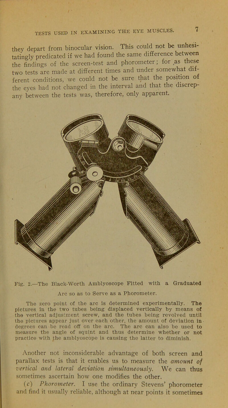 they depart from binocular vision. This could not be unhesi- tatingly predicated if we had found the same difference between the findings of the screen-test and phorometer; for as these two tests are made at different times and under somewhat dif- ferent conditions, we could not be sure that the position o the eyes had not changed in the interval and that the discrep- any between the tests was, therefore, only apparent. Fig. 2.—The Black-Worth Amblyoscope Fitted with a Graduated Arc so as to Serve as a Phorometer. The zero point of the arc is determined experimentally. The pictures in the two tubes being displaced vertically by means of the vertical adjustment screw, and the tubes being revolved until the pictures appear just over each other, the amount of deviation in degrees can be read off on the arc. The arc can also be used to measure the angle of squint and thus determine whether or not practice with Jhe amblyoscope is causing the latter to diminish. Another not inconsiderable advantage of both screen and parallax tests is that it enables us to measure the amount of vertical and lateral deviation simultaneously. We can thus sometimes ascertain how one modifies the other. (c) Phorometer. I use the ordinary Stevens’ phorometer and find it usually reliable, although at near points it sometimes