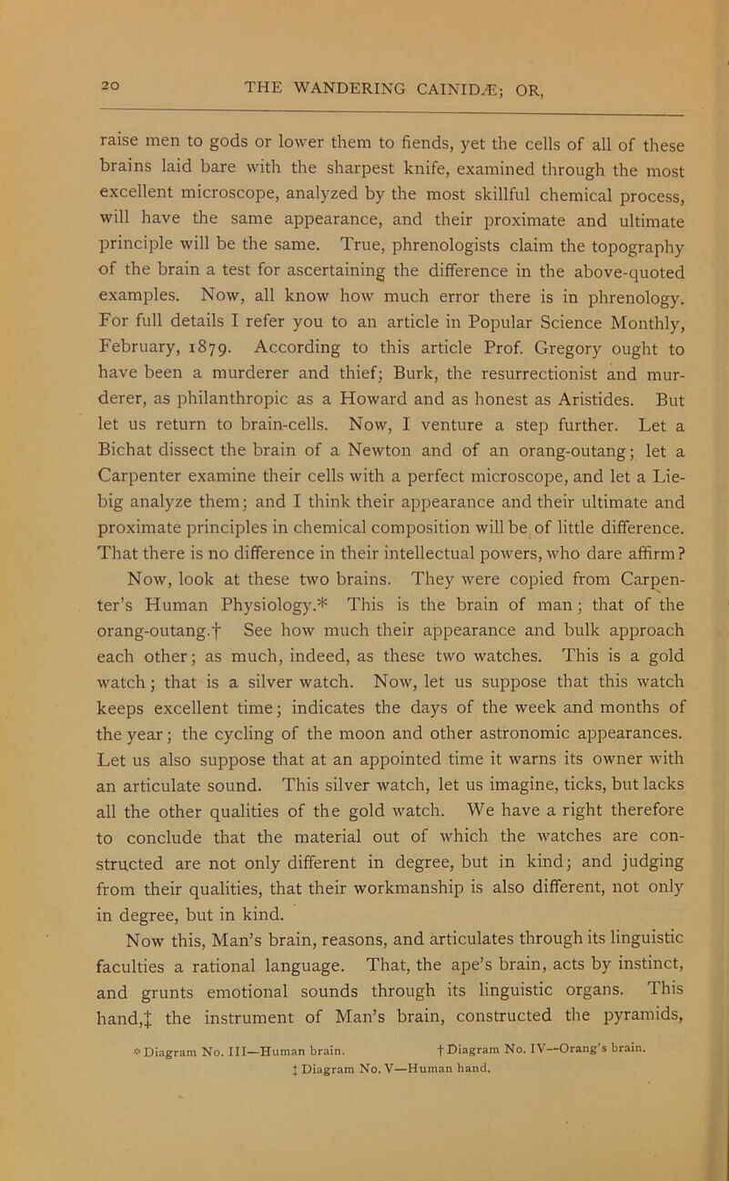 raise men to gods or lower them to fiends, yet the cells of all of these brains laid bare with the sharpest knife, examined through the most excellent microscope, analyzed by the most skillful chemical process, will have the same appearance, and their proximate and ultimate principle will be the same. True, phrenologists claim the topography of the brain a test for ascertaining the difference in the above-quoted examples. Now, all know how much error there is in phrenology. For full details I refer you to an article in Popular Science Monthly, February, 1879. According to this article Prof. Gregory ought to have been a murderer and thief; Burk, the resurrectionist and mur- derer, as philanthropic as a Howard and as honest as Aristides. But let us return to brain-cells. Now, I venture a step further. Let a Bichat dissect the brain of a Newton and of an orang-outang; let a Carpenter examine their cells with a perfect microscope, and let a Lie- big analyze them; and I think their appearance and their ultimate and proximate principles in chemical composition will be of little difference. That there is no difference in their intellectual powers, who dare affirm? Now, look at these two brains. They were copied from Carpen- ter’s Human Physiology.* This is the brain of man ; that of the orang-outang.f See how much their appearance and bulk approach each other; as much, indeed, as these two watches. This is a gold watch; that is a silver watch. Now, let us suppose that this watch keeps excellent time; indicates the days of the week and months of the year; the cycling of the moon and other astronomic appearances. Let us also suppose that at an appointed time it warns its owner with an articulate sound. This silver watch, let us imagine, ticks, but lacks all the other qualities of the gold watch. We have a right therefore to conclude that the material out of which the watches are con- structed are not only different in degree, but in kind; and judging from their qualities, that their workmanship is also different, not only in degree, but in kind. Now this, Man’s brain, reasons, and articulates through its linguistic faculties a rational language. That, the ape’s brain, acts by instinct, and grunts emotional sounds through its linguistic organs. This hand,I the instrument of Man’s brain, constructed the pyramids, * Diagram No. Ill—Human brain. f Diagram No. IV—Orang’s brain. | Diagram No. V—Human hand.
