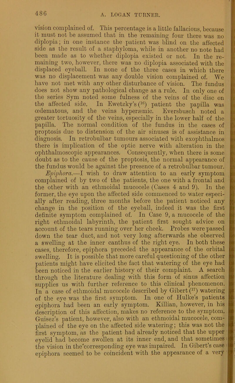 48G vision complained of. This percentage is a little fallacious, because it must not be assumed that in the remaining four there was no diplopia; in one instance the patient was blind on the affected side as the result of a staphyloma, while in another no note had been made as to whether diplopia existed or not. In the re- maining two, however, there was no diplopia associated with the displaced eyeball. In none of the three cases in which there was no displacement was any double vision complained of. We have not met with any other disturbance of vision. The fundus does not show any pathological change as a rule. In only one of the series Sym noted some fulness of the veins of the disc on the affected side. In Ewetzky’s (10) patient the papilla was oedematous, and the veins hypertemic. Eversbusch noted a greater tortuosity of the veins, especially in the lower half of the papilla. The normal condition of the fundus in the cases of proptosis due to distension of the air sinuses is of assistance in diagnosis. In retrobulbar tumours associated with exophthalmos there is implication of the optic nerve with alteration in the ophthalmoscopic appearances. Consequently, when there is some doubt as to the cause of the proptosis, the normal appearance of the fundus would be against the presence of a retrobulbar tumour. Epiphora.—I wish to draw attention to an early symptom complained of by two of the patients, the one with a frontal and the other with an ethmoidal mucocele (Cases 4 and 9). In the former, the eye upon the affected side commenced to water especi- ally after reading, three months before the patient noticed any change in the position of the eyeball, indeed it was the first definite symptom complained of. In Case 9, a mucocele of the right ethmoidal labyrinth, the patient first sought advice on account of the tears running over her cheek. Probes were passed down the tear duct, and not very long afterwards she observed a swelling at the inner canthus of the right eye. In both these cases, therefore, epiphora preceded the appearance of the orbital swelling. It is possible that more careful questioning of the other patients might have elicited the fact that watering of the eye had been noticed in the earlier history of their complaint. A search through the literature dealing with this form of sinus affection supplies us with further reference to this clinical phenomenon. In a case of ethmoidal mucocele described by Gibert (17) watering of the eye was the first symptom. In one of Hulke’s patients epiphora had been an early symptom. Killian, however, in his description of this affection, makes no reference to the symptom. Guisez’s patient, however, also with an ethmoidal mucocele, com- plained of the eye on the affected side watering; this was not the first symptom, as the patient had already noticed that the upper eyelid had become swollen at its inner end, and that sometimes the vision in the'corresponding eye was impaired. In Gibert’s case epiphora seemed to be coincident with the appearance of a very