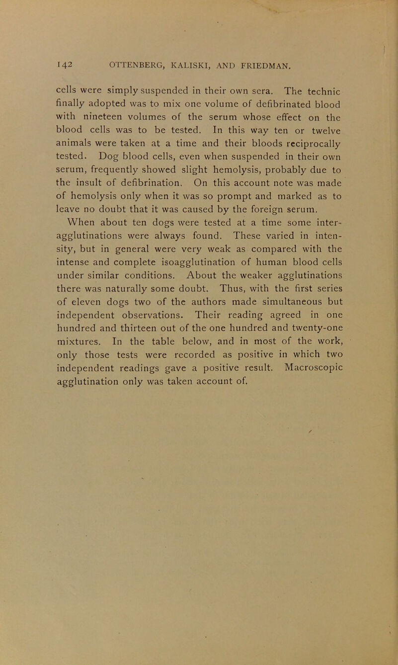 cells were simply suspended in their own sera. The technic finally adopted was to mix one volume of defibrinated blood with nineteen volumes of the serum whose effect on the blood cells was to be tested. In this way ten or twelve animals were taken at a time and their bloods reciprocally tested. Dog blood cells, even when suspended in their own serum, frequently showed slight hemolysis, probably due to the insult of defibrination. On this account note was made of hemolysis only when it was so prompt and marked as to leave no doubt that it was caused by the foreign serum. When about ten dogs were tested at a time some inter- agglutinations were always found. These varied in inten- sity, but in general were very weak as compared with the intense and complete isoagglutination of human blood cells under similar conditions. About the weaker agglutinations there was naturally some doubt. Thus, with the first series of eleven dogs two of the authors made simultaneous but independent observations. Their reading agreed in one hundred and thirteen out of the one hundred and twenty-one mixtures. In the table below, and in most of the work, only those tests were recorded as positive in which two independent readings gave a positive result. Macroscopic agglutination only was taken account of.