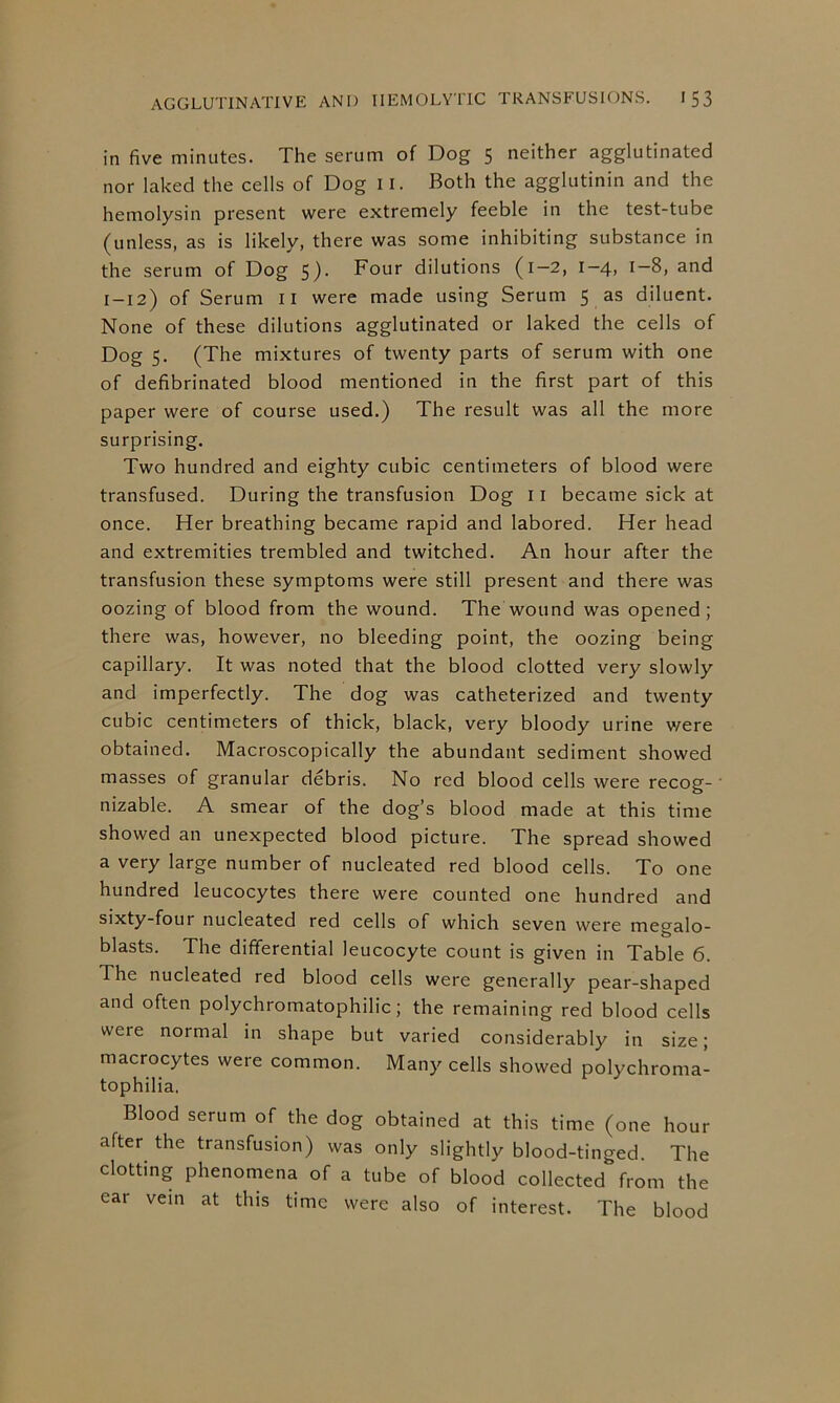 in five minutes. The serum of Dog 5 neither agglutinated nor laked the cells of Dog 11. Both the agglutinin and the hemolysin present were extremely feeble in the test-tube (unless, as is likely, there was some inhibiting substance in the serum of Dog 5)- Four dilutions (1—2, i—4> and 1-12) of Serum ii were made using Serum 5 as diluent. None of these dilutions agglutinated or laked the cells of Dog 5. (The mixtures of twenty parts of serum with one of defibrinated blood mentioned in the first part of this paper were of course used.) The result was all the more surprising. Two hundred and eighty cubic centimeters of blood were transfused. During the transfusion Dog 11 became sick at once. Her breathing became rapid and labored. Her head and extremities trembled and twitched. An hour after the transfusion these symptoms were still present and there was oozing of blood from the wound. The wound was opened; there was, however, no bleeding point, the oozing being capillary. It was noted that the blood clotted very slowly and imperfectly. The dog was catheterized and twenty cubic centimeters of thick, black, very bloody urine v/ere obtained. Macroscopically the abundant sediment showed masses of granular debris. No red blood cells were recog- nizable. A smear of the dog’s blood made at this time showed an unexpected blood picture. The spread showed a very large number of nucleated red blood cells. To one hundred leucocytes there were counted one hundred and sixty-four nucleated red cells of which seven were megalo- blasts. The differential leucocyte count is given in Table 6. The nucleated red blood cells were generally pear-shaped and often polychromatophilic; the remaining red blood cells were normal in shape but varied considerably in size; macrocytes were common. Many cells showed polychroma- tophilia. Blood serum of the dog obtained at this time (one hour after the transfusion) was only slightly blood-tinged. The clotting phenomena of a tube of blood collected from the ear vein at this time were also of interest. The blood