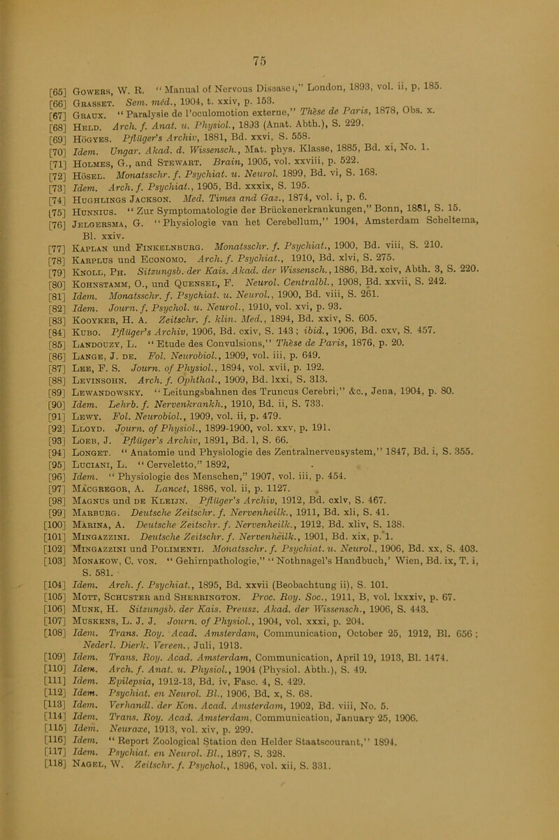 [65] [66] [67] [68] [69] [70] [71] [72] [73] [74] [75] [76] [77] [78] [79] [80] [81] [82] [83] [84] [85] [86] [87] [88] [89] [90] [91] [92] [93] [94] [95] [96] [97] [98] [99] [100] [101] [102] [103] [104] [105] [106] [107] [108] [109] [HO] [111] [112] [113] [H4] [115] [116] [117] [118] Gowers, W. R. “ Manual of Nervous Disease),” London, 1893, vol. ii, p, 185. Grasset. Sem. lin’d., 1904, t. xxiv, p. 153. Graux. “ Paralysie de l’oculomotion externe,” These de Paris, 1878, Obs. x. Held. Arch. f. Anat. u. Physiol., 1893 (Anat. Abth.), S. 229. Hogyes. Pflilger's Archiv, 1881, Bd. xxvi, S. 558. Idem. Ungar. Akad. d. Wissensch., Mat. phys. Klasse, 1885, Bd. xi, No. 1. Holmes, G., and Stewart. Brain, 1905, vol. xxviii, p. 522. Hosel. Monatsschr. f. Psychiat. u. Neurol. 1899, Bd. vi, S. 168. Idem. Arch. f. Psychiat., 1905, Bd. xxxix, S. 195. Hughlings Jackson. Med. Times and Gaz., 1874, vol. i, p. 6. Hunnius. “ Zur Symptomatology der Briickenerkrankungen,” Bonn, 1881, S. 15. Jelgersma, G. “ Physiologic van het Cerebellum,” 1904, Amsterdam Scheltema, Bl. xxiv. Kaplan und Finkelnburg. Monatsschr. f. Psychiat., 1900, Bd. viii, S. 210. Karplus und Economo. Arch. f. Psychiat., 1910, Bd. xlvi, S. 275. Knoll, Ph. Sitzungsb. der Kais. Akad. der Wissensch., 1886, Bd. xciv, Abth. 3, S. 220. Kohnstamm, O., und Quensel, F. Neurol. Centralbl., 1908, Bd. xxvii, S. 242. Idem. Monatsschr. f. Psychiat. u. Neurol., 1900, Bd. viii, S. 261. Idem. Journ.f. Psychol, u. Neurol., 1910, vol. xvi, p. 93. Kooyker, H. A. Zeitschr. f. klin. Med., 1894, Bd. xxiv, S. 605. Ktjbo. Pflilger's Archiv, 1906, Bd. cxiv, S. 143 ; ibid., 1906, Bd. cxv, S. 457. Landouzy, L. “ Etude des Convulsions,” These de Paris, 1876, p. 20. Lange, J. de. Pol. Neurobiol., 1909, vol. iii, p. 649. Lee, F. S. Journ. of Physiol., 1894, vol. xvii, p. 192. Levinsohn. Arch. f. Ophthal., 1909, Bd. lxxi, S. 313. Lewandowsky. “ Leitungsbahnen des Truncus Cerebri,” &c., Jena, 1904, p. 80. Idem. Lehrb. f. Nervenkrankli., 1910, Bd. ii, S. 733. Lewy. Fol. Neurobiol., 1909, vol. ii, p. 479. Lloyd. Journ. of Physiol., 1899-1900, vol. xxv, p. 191. Loeb, J. Pflilger's Archiv, 1891, Bd. 1, S. 66. Longet. “ Anatomie und Physiologie des Zentralnervensystem,” 1847, Bd. i, S. 355. Luciani, L. “ Cerveletto,” 1892, Idem. “ Physiologie des Mensehen,” 1907, vol. iii, p. 454. MacGregor, A. Lancet, 1886, vol. ii, p. 1127. Magnus und de Kleijn. Pflilger's Archiv, 1912, Bd. cxlv, S. 467. Marburg. Deutsche Zeitschr. f. Nervenheilk., 1911, Bd. xli, S. 41. Marina, A. Deutsche Zeitschr. f. Nervenheilk., 1912, Bd. xliv, S. 138. Mingazzini. Deutsche Zeitschr. f. Nervenheilk., 1901, Bd. xix, p.’l. Mingazzini und Polimenti. Monatsschr. f. Psychiat. u. Neurol., 1906, Bd. xx, S. 403. Monakow, C. von. “ Gehirnpathologie,” 11 Nothnagel’s Handbuch,’ Wien, Bd. ix, T. i, S. 581. Idem. Arch. f. Psychiat., 1895, Bd. xxvii (Beobachtung ii), S. 101. Mott, Schuster and Sherrington. Proc. Roy. Soc., 1911, B, vol. lxxxiv, p. 67. MUnk, H. Sitzungsb. der Kais. Preusz. Akad. der Wissensch., 1906, S. 443. Muskens, L. J. J. Journ. of Physiol., 1904, vol. xxxi, p. 204. Idem. Trans. Roy. Acad. Amsterdam, Communication, October 25, 1912, Bl. 656 ; Nederl. Dierk. Vereen., Juli, 1913. Idem. Trans. Roy. Acad. Amsterdam, Communication, April 19, 1913, Bl. 1474. Idem. Arch. f. Anat, u. Physiol., 1904 (Physiol. Abth.), S. 49. Idem. Epilepsia, 1912-13, Bd. iv, Fasc. 4, S. 429. Idem. Psychiat. en Neurol. Bl., 1906, Bd. x, S. 68. Idem. Verhandl. der Kon. Acad. Amsterdam, 1902, Bd. viii, No. 5. Idem. Trans. Roy. Acad. Amsterdam, Communication, January 25, 1906. Idem. Neuraxc, 1913, vol. xiv, p. 299. Idem. “ Report Zoological Station den Holder Staatscourant,” 1894. Idem. Psychiat. en Neurol. Bl., 1897, S. 328. Nagel, W. Zeitschr. f. Psychol., 1896, vol. xii, S. 331.