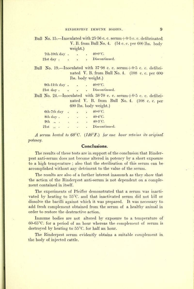 Bul] No. 15.—Inoculated with 25*56 c. c. semni+0*5 c. c. defibrinated V. B. from Bull No. 4. (54 c. c. per 600 lbs. body weight.) 7th-10thday . . . 40-0°C. 21st day .... Discontinued. Bull No. 19.—Inoculated with 37*98 c. c. serum+0*5 c. c. defibri- nated V. B. from Bull No. 4. (108 c. c. per 600' lbs. body weight.) 9tli-lltli day . . . 40*0°C. 21st day .... Discontinued. Bull No. 24.—Inoculated with 38*70 c. c. serumd-0*5 c. c. defibri- nated V. B. from Bull No. 4. (108 c. c. per 600 lbs. body weight.) 6th-7tli day . . . 40*0°C. 8th day .... 40*4°C. 9th „ . . . . 40-3°C. 21st . . . . Discontinued. A serum heated to 60^C. (140°F.) for one hour retains its original potency. Conclusions. The results of these tests are in support of the conclusion that Rinder- pest anti-serum does not become altered in potency by a short exposure to a high temperature ; also that the sterilisation of this serum can be accomplished without any detriment to the value of the serum. The results are also of a further interest inasmuch as they show that the action of the Rinderpest anti-serum is not dependent on a comple- ment contained in itself. The experiments of Pfeiffer demonstrated that a serum was inacti- vated by heating to 55°C. and that inactivated serum did not kill or dissolve the bacilli against which it was prepared. It was necessary to add fresh complement obtained from the serum of a healthy animal in order to restore the destructive action. Immune bodies are not altered by exposure to a temperature of 60-65°C. for a period of an hour whereas the complement of serum is destroyed by heating to 55°C. for half an hour. The Rinderpest serum evidently obtains a suitable complement in the body of injected cattle.