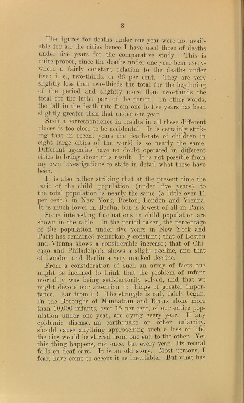 The figures for deaths under one year were not avail- able for all the cities hence I have used those of deaths under five years for the comparative study. This is quite proper, since the deaths under one year bear every- where a fairly constant relation to the deaths under five; i. e., two-thirds, or 66 per cent. They are very slightly less than two-thirds the total for the beginning of the period and slightly more than two-thirds the total for the latter part of the period. In other words, the fall in the death-rate from one to five years has been slightly greater than that under one year. Such a correspondence in results in all these different places is too close to be accidental. It is certainly strik- ing that in recent years the death-rate of children in eight large cities of the world is so nearly the same. Different agencies have no doubt operated in different cities to bring about this result. It is not possible from my own investigations to state in detail what these have been. It is also rather striking that at the present time the ratio of the child population (under five years) to the total population is nearly the same (a little over 11 per cent.) in New York, Boston, London and Vienna. It is much lower in Berlin, but is lowest of all in Paris. Some interesting fluctuations in child population are shown in the table. In the period taken, the percentage of the population under five years in New York and Paris has remained remarkably constant; that of Boston and Vienna shows a considerable increase; that of Chi- cago and Philadelphia shows a slight decline, and that of London and Berlin a very marked decline. From a consideration of such an array of facts one might be inclined to think that the problem of infant mortality was being satisfactorily solved, and that we might devote our attention to things of greater impor- tance. Far from it! The struggle is only fairly begun. In the Boroughs of Manhattan and Bronx alone more than 10,000 infants, over 15 per cent, of our entire pop- ulation under one year, are dying every year. If any epidemic disease, an earthquake or other calamity, should cause anything approaching such a loss of life, the city would be stirred from one end to the other. Yet this thing happens, not once, but every year. Its recital falls on deaf ears. It is an old story. Most persons, I fear, have come to accept it as inevitable. But what has