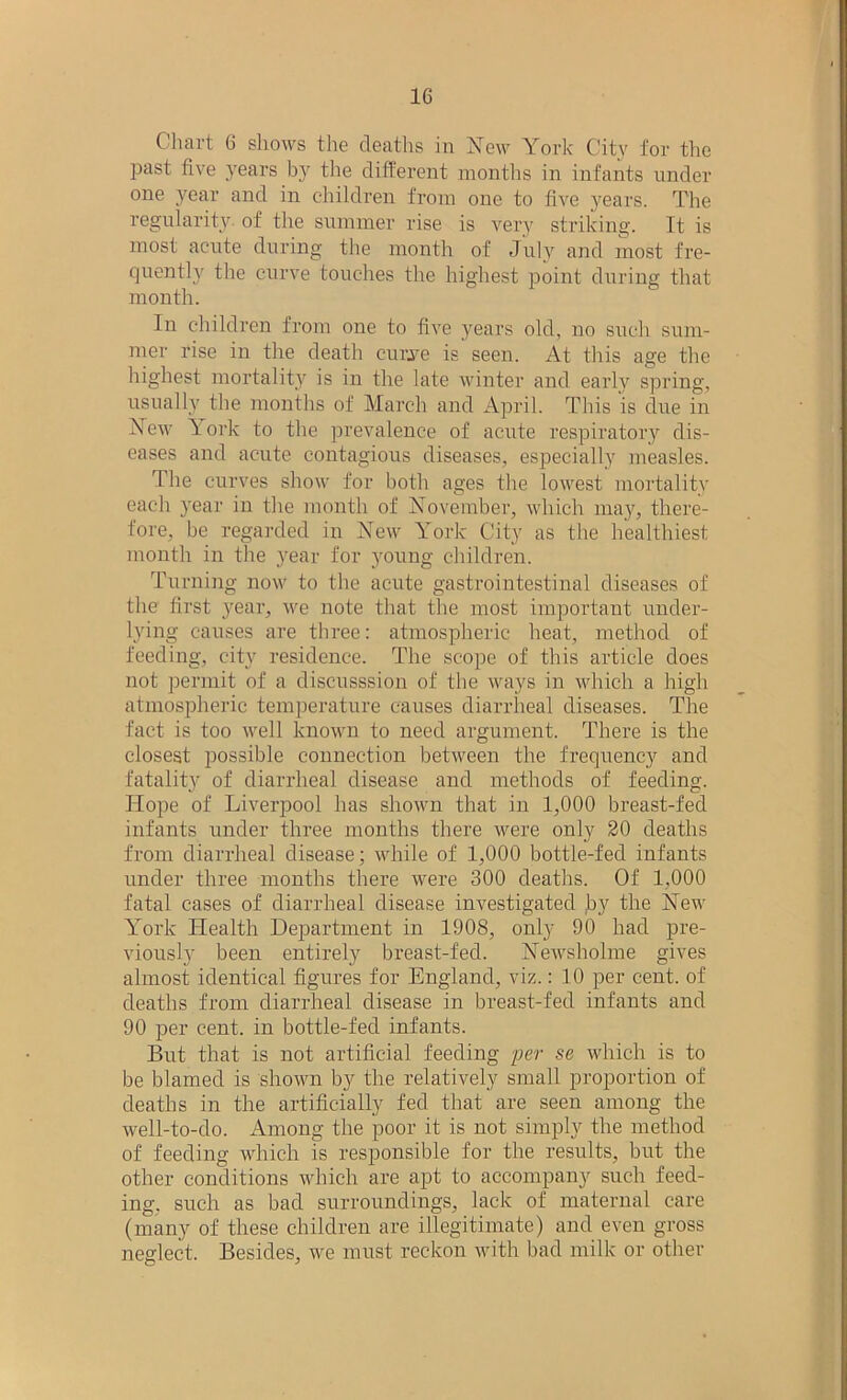 Chart 6 shows the deaths in New York City for the past five years by the different months in infants under one year and in children from one to five years. The regularity of the summer rise is very striking. It is most acute during the month of July and most fre- quently the curve touches the highest point during that month. In children from one to five years old, no such sum- mer rise in the death curve is seen. At this age the highest mortality is in the late winter and early spring, usually the months of March and April. This is due in New York to the prevalence of acute respiratory dis- eases and acute contagious diseases, especially measles. The curves show for both ages the lowest mortality each year in the month of November, which may, there- fore, be regarded in New York City as the healthiest month in the year for young children. Turning now to the acute gastrointestinal diseases of the first year, we note that the most important under- lying causes are three: atmospheric heat, method of feeding, city residence. The scope of this article does not permit of a discusssion of the ways in which a high atmospheric temperature causes diarrheal diseases. The fact is too well known to need argument. There is the closest possible connection between the frequency and fatality of diarrheal disease and methods of feeding. Hope of Liverpool has shown that in 1,000 breast-fed infants under three months there were only 20 deaths from diarrheal disease; while of 1,000 bottle-fed infants under three months there were 300 deaths. Of 1,000 fatal cases of diarrheal disease investigated by the New York Health Department in 1908, only 90 had pre- viously been entirely breast-fed. Newsholme gives almost identical figures for England, viz.: 10 per cent, of deaths from diarrheal disease in breast-fed infants and 90 per cent, in bottle-fed infants. But that is not artificial feeding per se which is to be blamed is shown by the relatively small proportion of deaths in the artificially fed that are seen among the well-to-do. Among the poor it is not simply the method of feeding which is responsible for the results, but the other conditions which are apt to accompany such feed- ing, such as bad surroundings, lack of maternal care (many of these children are illegitimate) and even gross neglect. Besides, we must reckon with bad milk or other