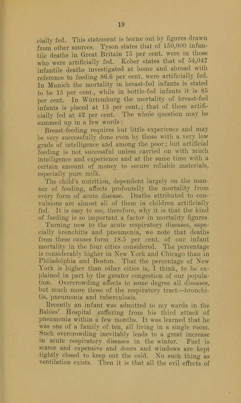 daily fed. This statement is borne out by figures drawn from other sources. Tyson states that of 150,000 infan- tile deaths in Great Britain 75 per cent, were in those who were artificially fed. Ivober states that of 54,047 infantile deaths investigated at home and abroad with reference to feeding 86.6 per cent, were artificially fed. In Munich the mortality in breast-fed infants is stated to be 15 per cent., while in bottle-fed infants it is 85 per cent. In Wiirtemburg the mortality of breast-fed infants is placed at 13 per cent.; that of those artifi- cially fed at 42 per cent. The whole question may be summed up in a few words: Breast-feeding requires but little experience and may be very successfully done even by those with a very low grade of intelligence and among the poor; but artificial feeding is not successful unless carried on with much intelligence and experience and at the same time with a certain amount of money to secure reliable materials, especially pure milk. The child’s nutrition, dependent largely on the man- ner of feeding, affects profoundly the mortality from every form of acute disease. Deaths attributed to con- vulsions are almost all of them in children artificially fed. It is easy to see, therefore, why it is that the kind of feeding is so important a factor in mortality figures. Turning now to the aciite respiratory diseases, espe- cially bronchitis and pneumonia, we note that deaths from these causes form 18.5 per cent, of our infant mortality in the four cities considered. The percentage is considerably higher in New York and Chicago than in Philadelphia and Boston. That the percentage of New York is higher than other cities is, I think, to be ex- plained in part by the greater congestion of our popula- tion. Overcrowding affects to some degree all diseases, but much more those of the respiratory tract—bronchi- tis, pneumonia and tuberculosis. Decently an infant was admitted to my wards in the Babies’ Hospital suffering from his third attack of pneumonia within a few months. It was learned that he was one of a family of ten, all living in a single room. Such overcrowding inevitably leads to a great increase in acute respiratory diseases in the winter. Fuel is scarce and expensive and doors and windows are kept tightly closed to keep out the cold. No such thing as ventilation exists. Then it is that all the evil effects of