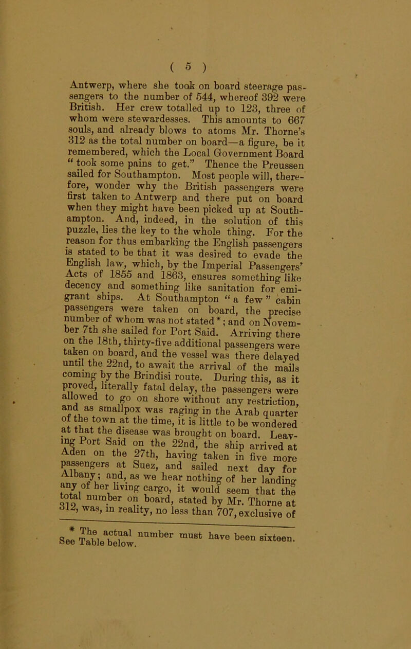 Antwerp, where she took on board steerage pas- sengers to the number of 544, whereof 392 were British. Her crew totalled up to 123, three of whom were stewardesses. This amounts to 667 souls, and already blows to atoms Mr. Thorne’s 312 as the total number on board—a figure, be it remembered, which the Local Government Board “ took some pains to get.” Thence the Preussen sailed for Southampton. Most people will, there- fore, wonder why the British passengers were first taken to Antwerp and there put on board when they might have been picked up at South- ampton.. And, indeed, in the solution of this puzzle, lies the key to the whole thing. For the reason for thus embarking the English passengers is stated to be that it was desired to evade the English law, which, by the Imperial Passengers’ Acts of 1855 and 1863, ensures something like decency and something like sanitation for°emi- grant ships. At Southampton “ a few ” cabin passengers were taken on board, the precise number of whom was not stated*; and on Novem- ber 7th she sailed for Port Said. Arriving there on the 18th, thirty-five additional passengers were taken on board, and the vessel was there delayed until the 22nd, to await the arrival of the mails coming by the Brindisi route. During this, as it proved, literally fatal delay, the passengers were allowed to go on shore without any restriction and as smallpox was raging in the Arab quarter S6*™* the tlme>11 is littIe t0 be wondered at that the disease was brought on board. Leav- lng Port Said on the 22nd, the ship arrived at Aden on the 27th, having taken in five more passengers at Suez, and sailed next day for Albany; and,, as we hear nothing of her landing any of her living cargo, it would seem that thS total number on board, stated by Mr. Thorne at 312, was, in reality, no less than 707, exclusive of See TableabeW.nUniber “ ^ been sixtoen-
