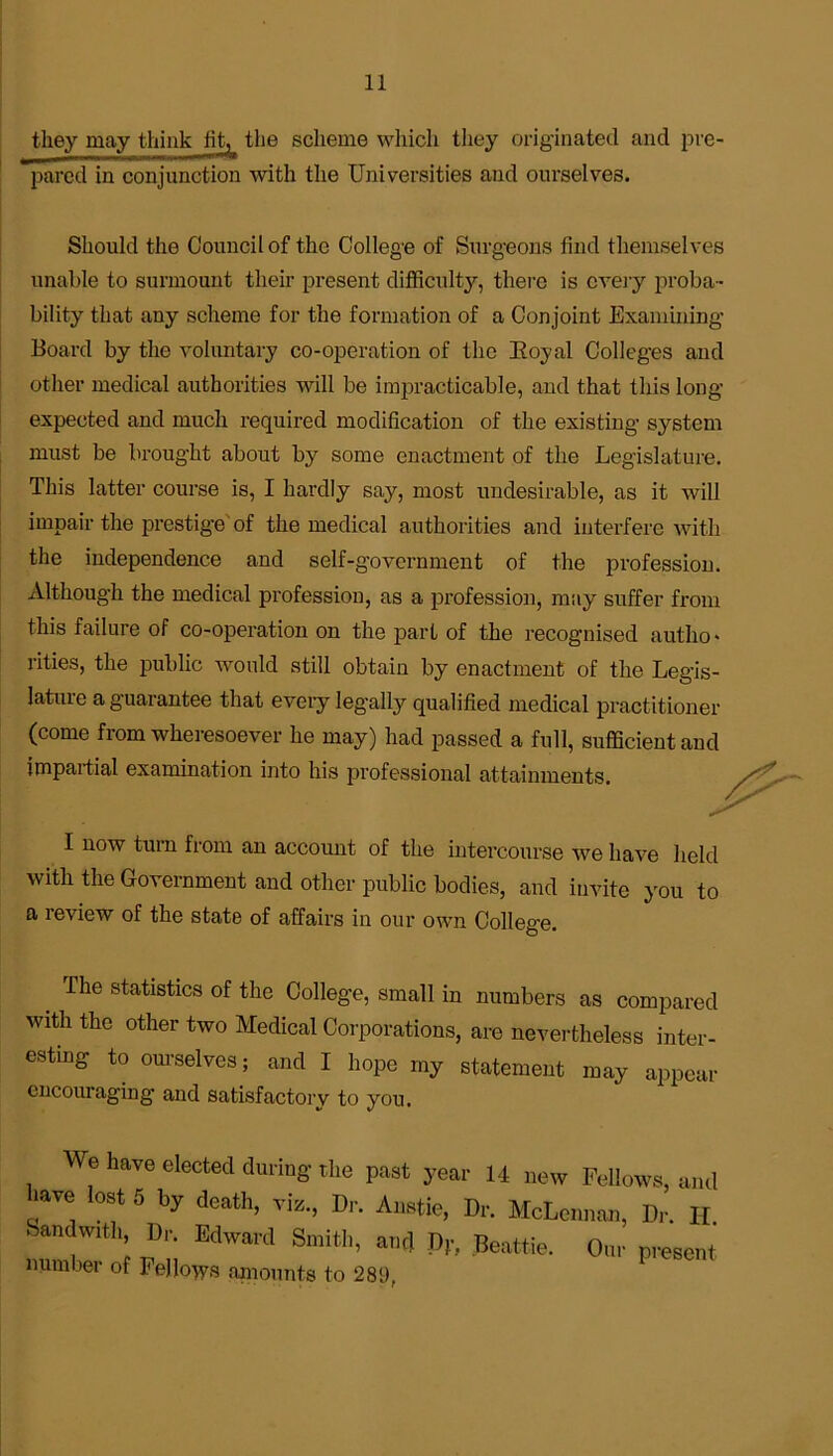 they may think fit^ the scheme which they originated and pre pared in conjunction with the Universities and ourselves. Should the Council of the College of Surgeons find themselves unable to surmount their present difficulty, there is every proba- bility that any scheme for the formation of a Conjoint Examining Board by the voluntary co-operation of the Boyal Colleges and other medical authorities will be impracticable, and that this long- expected and much required modification of the existing system must be brought about by some enactment of the Legislature. This latter course is, I hardly say, most undesirable, as it will impair the prestige of the medical authorities and interfere with the independence and self-government of the profession. Although the medical profession, as a profession, may suffer from this failure of co-operation on the part of the recognised autho - rities, the public would still obtain by enactment of the Legis- lature a guarantee that every legally qualified medical practitioner (come from wheresoever he may) had passed a full, sufficient and impartial examination into his professional attainments. I now turn from an account of the intercourse we have held with the Government and other public bodies, and invite you to a review of the state of affairs in our own College. The statistics of the College, small in numbers as compared with the other two Medical Corporations, are nevertheless inter- esting to ourselves; and I hope my statement may appear encouraging and satisfactory to you. We have elected during the past year 14 new Fellows, an have lost 5 by death, viz., Dr. Anstie, Dr. McLennan, Dr. L feandwith. Dr. Edward Smith, and Dp. Beattie. Our presen number of Felloes amounts to 289,