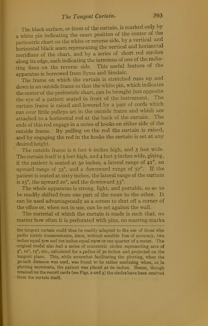 The black surface, or front of the curtain, is marked only by a white pin indicating the exact position of the center of the perimetric chart on the white or reverse side, by a vertical and horizontal black seam representing the vertical and horizontal meridians of the chart, and by a series of short red strokes along its edge, each indicating the terminus of one of the radia- ting lines on the reverse side. This useful feature of the apparatus is borrowed from Syms and Sinclair. The frame on which the curtain is stretched runs up and down in an outside frame so that the white pin, which indicates the center of the perimetric chart, can be brought just opposite the eye of a patient seated in front of the instrument. The curtain frame is raised and lowered by a pair of cords which run over little pulleys set in the outside frame and which are attached to a horizontal rod at the back of the curtain. The ends of this rod engage in a series of hooks on either side of the outside frame. By pulling on the rod the curtain is raised, . and by engaging the rod in the hooks the curtain is set at any desired height. The outside frame is 6 feet 6 inches high, and 5 feet wide. The curtain itself is 5 feet high, and 4 feet 5 inches wide, giying, if the patient is seated at 30 inches, a lateral range of 41°, an upward range of 35°, and a downward range of 52°. If the patient is seated at sixty inches, the lateral range of the curtain is 23°, the upward 20°, and the downward 33°. The whole apparatus is strong, light, and portable, so as to be readily shifted from one part of the room to the other. It can be used advantageously as a screen to shut off a comer of the office or, when not in use, can be set against the wall. The material of which the curtain is made is such that, no matter how often it is perforated with pins, no marring marks the tangent curtain could thus be readily adapted to the use of tliose who prefer metric measurements, since, without sensible loss of accuracy, two inches equal 5cm and ten inches equal 25CW1 or one quarter of a meter. The original model also had a series of concentric circles representing arcs of 5°, 10°, 15°, etc., calculated for ajadius of 30 inches and projected on the . tangent plane. This, while somewhat facilitating the plotting, when the 30-inch distance was used, was found to be rather confusing when, as in ' plotting scotomata, the patient was placed at 60 inches. Hence, though retained on the record cards (see Figs. 2 and 3) the circles have been omitted from the curtain itself.