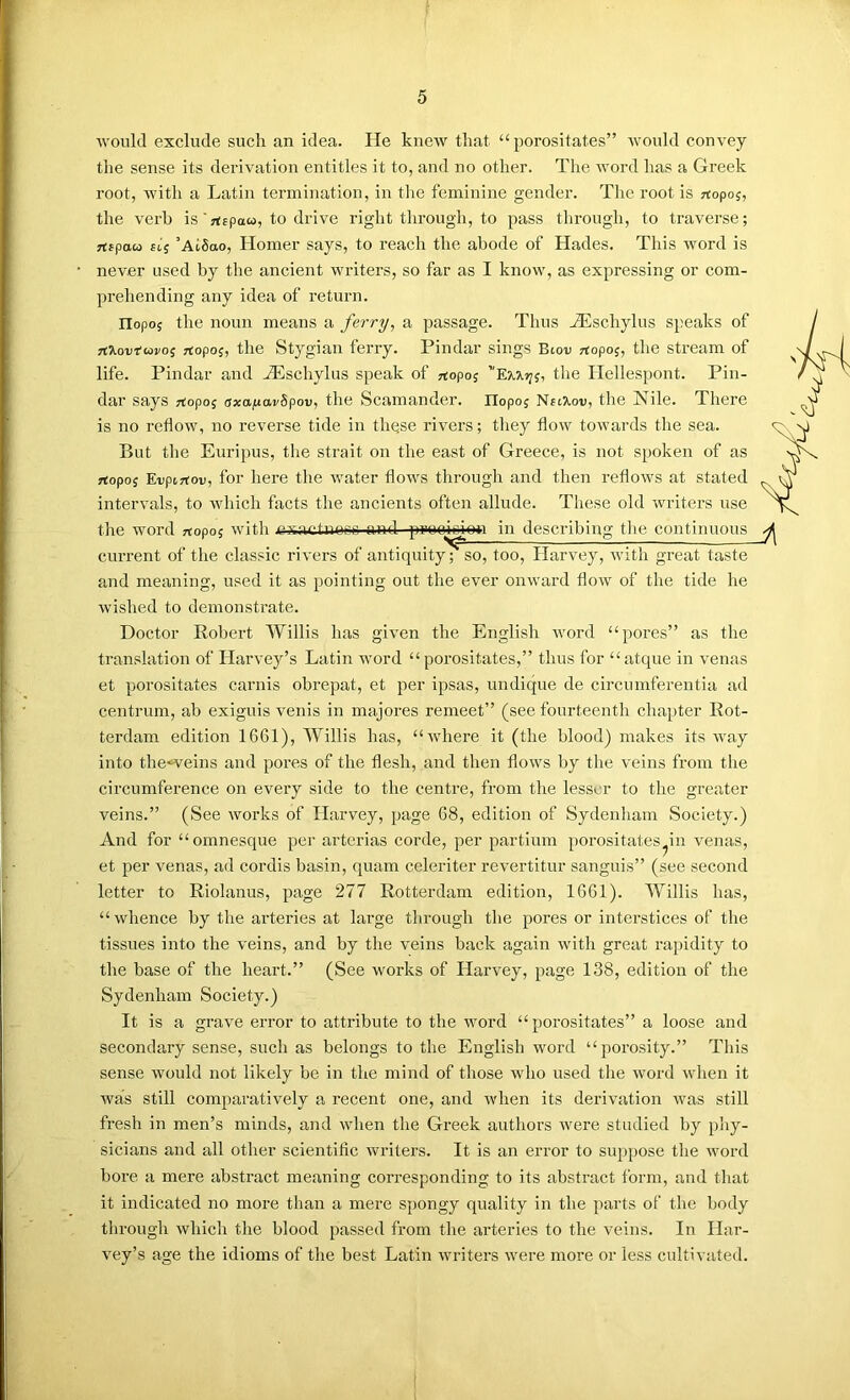 5 ■\vonld exclude such an idea. He knew that “ porositates” would convey the sense its derivation entitles it to, and no other. The word has a Greek root, with a Latin termination, in tlie feminine gender. The root is Ttopoj, the verb is'rtspaw, to drive right through, to pass through, to traverse; rtspau £15 ’AlSao, Homer says, to reach the abode of Hades. This word is never used by the ancient writers, so far as I know, as expressing or com- prehending any idea of return. IIopo5 the noun means a ferry, a passage. Thus -®schylus speaks of TtXorT'uros rtopo5, the Stygian ferry. Pindar sings Bion nopo;, the stream of life. Pindar and H^schylus speak of ^topo; Exxrjp, the Hellespont. Pin- dar says rtopo5 axafiavSpov, the Scamander. Ilopos Nsaov, the Nile. There is no reflow, no reverse tide in these rivers; they flow towards the sea. But the Euripus, tlie strait on the east of Greece, is not spoken of as rtopo5 Eiiptrtov, for here the water flows through and then reflows at stated intervals, to which facts the ancients often allude. These old writers use current of the classic rivers of antiquity; so, too, Harvey, with great taste and meaning, used it as pointing out the ever onward flow of the tide he wished to demonstrate. Doctor Robert Willis has given the English word “pores” as the translation of Harvey’s Latin word “ porositates,” thus for “atque in venas et porositates carnis obrepat, et per ipsas, undique de circumferentia ad centrum, ab exiguis venis in majores remeet” (see fourteenth chapter Rot- terdam edition 1661), Willis has, “where it (the blood) makes its way into the*veins and pores of the flesh, and then flows by the veins from the circumference on every side to the centre, from the lesser to the greater veins.” (See works of Harvey, page 68, edition of Sydenliam Society.) And for “omnesque per arterias corde, per partium porositates^in venas, et per venas, ad cordis basin, quam celeriter revertitur sanguis” (see second letter to Riolanus, page 277 Rotterdam edition, 1661). Willis has, “ whence by the arteries at large through the pores or interstices of the tissues into the veins, and by the veins back again with great rapidity to tlie base of the heart.” (See works of Harvey, page 138, edition of the Sydenham Society.) It is a grave error to attribute to the word “porositates” a loose and secondary sense, such as belongs to the English word “porosity.” This sense would not likely be in the mind of those who used the word when it was still comparatively a recent one, and when its derivation was still fresh in men’s minds, and when the Greek authors were studied by phy- sicians and all other scientific writers. It is an error to suppose the v'ord bore a mere abstract meaning corresponding to its abstract form, and that it indicated no more than a mere spongy quality in the parts of the body through which the blood passed from the arteries to the veins. In Har- vey’s age the idioms of the best Latin writers were more or less cultivated.