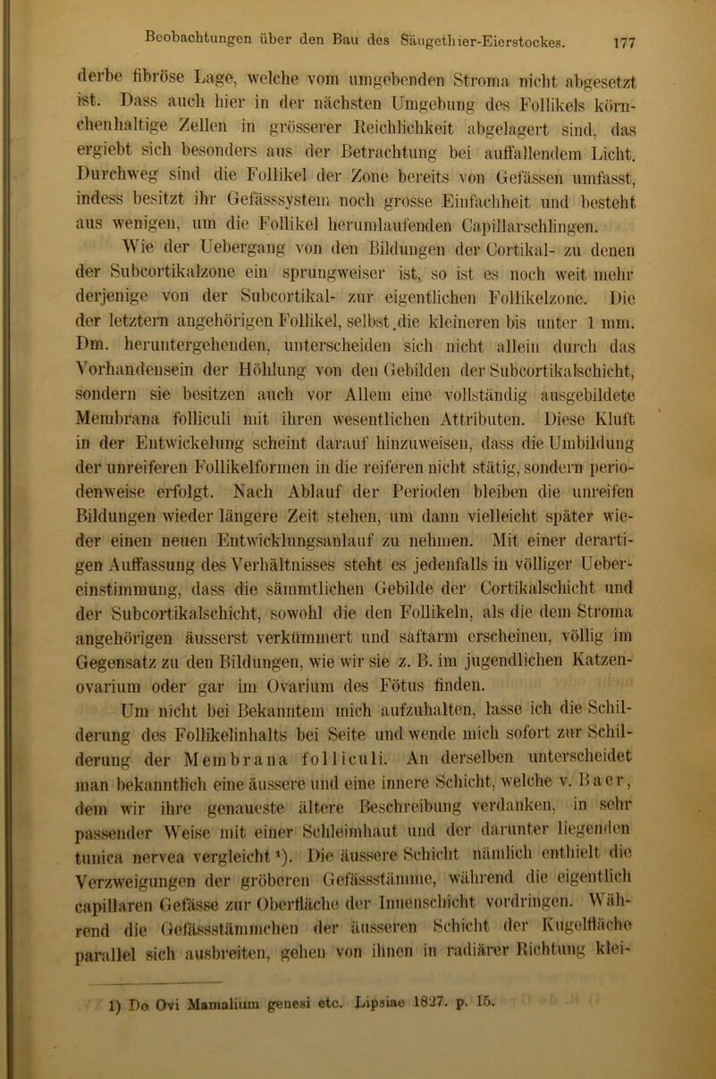 derbe fibröse Lage, welche vom umgebenden Stroma nicht abgesetzt ist. Dass auch hier in der nächsten Umgebung des Follikels körn- chenhaltige Zellen in grösserer Reichlichkeit abgelagert sind, das ergiebt sich besonders aus der Betrachtung bei auft'allendem Licht. Durchweg sind die Follikel der Zone bereits von Gelassen umfasst, indess besitzt ihr Gefässsystem noch grosse Einfachheit und besteht aus wenigen, um die Follikel herunilaufendeu Capillarschlingen. Wie der Uebergang von den Bildungen der Cortikal- zu denen der Subcortikalzone ein sprungweiser ist, so ist es noch weit mehr derjenige von der Subcortikal- zur eigentlichen Follikelzone. Die der letztem angehörigen Follikel, selbst.die kleineren bis unter 1mm. Dm. heruntergehenden, unterscheiden sich nicht allein durch das Vorhandensein der Höhlung von den Gebilden der Subcortikalschicht, sondern sie besitzen auch vor Allem eine vollständig ausgebildete Membrana folliculi mit ihren wesentlichen Attributen. Diese Kluft in der Entwickelung scheint darauf hinzuweisen, dass die Umbildung der unreiferen Follikelformen in die reiferen nicht stätig, sondern perio- denweise erfolgt. Nach Ablauf der Perioden bleiben die unreifen Bildungen wieder längere Zeit stehen, um dann vielleicht später wie- der einen neuen Entwicklungsanlauf zu nehmen. Mit einer derarti- gen Auffassung des Verhältnisses steht es jedenfalls in völliger Ueber- einstimmung, dass die sämmtlichen Gebilde der Cortikalschicht und der Subcortikalschicht, sowohl die den Follikeln, als die dem Stroma angehörigen äusserst verkümmert und saftarm erscheinen, völlig im Gegensatz zu den Bildungen, wie wir sie z. B. im jugendlichen Katzen- ovarium oder gar im Ovarium des Fötus finden. Um nicht bei Bekanntem mich aufzuhalten, lasse ich die Schil- derung des Follikelinhalts bei Seite und wende mich sofort zur Schil- derung der Membrana folliculi. An derselben unterscheidet man bekanntlich eine äussere und eine innere Schicht, welche v. Baer, dem wir ihre genaueste ältere Beschreibung verdanken, in sehr passender Weise mit einer Schleimliaut und der darunter liegenden tunica nervea vergleicht ^). Die äussere Schicht nämlich entliielt die Verzweigungen der gröberen Gefässstämme, während die eigentlich capillarcn Gefässe zur Oberfläche der Innenschicht Vordringen. Wäh- rend die Gefässstämmchen der äusseren Schicht der Kugelfiäche parallel sich ausbreiten, gehen von ihnen in radiärer Richtung klei- 1) Do Ovi Mamalium genesi etc. Lipsiae 1827. p. 15.