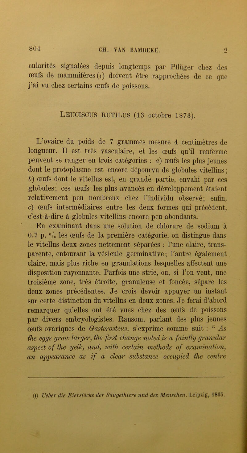 cularités signalées depuis longtemps par Pflüger chez des œufs de mammifères (i) doivent être rapprochées de ce que j’ai vu chez certains œufs de poissons. LEUCISCUS RUTILUS (13 octobre 1873). L’ovaire du poids de 7 grammes mesure 4 centimètres de longueur. Il est très vasculaii’e, et les œufs qu’il renferme peuvent se ranger en trois catégories : a) œufs les plus jeunes dont le protoplasme est encore dépourvu de globules vitellins ; b) œufs dont le vitellus est, en grande partie, envahi par ces globules; ces œufs les plus avancés en développement étaient relativement peu nombreux chez l’individu observé; enfin, c) œufs intermédiaires entre les deux formes qui précèdent, c’est-à-dire à globules vitellins encore peu abondants. En examinant dans une solution de chlorure de sodium à 0.7 p. °/o les œufs de la première catégorie, on distingue dans le vitellus deux zones nettement séparées : l’une claire, trans- parente, entourant la vésicule germinative ; l’autre également claire, mais plus riche en granulations lesquelles affectent une disposition rayonnante. Parfois une strie, ou, si l’on veut, une troisième zone, très étroite, granuleuse et foncée, sépare les deux zones précédentes. Je crois devoir appuyer un instant sur cette distinction du vitellus en deux zones. Je ferai d’abord remarquer qu’elles ont été vues chez des œufs de poissons par divers embryologistes. Ransom, parlant des plus jeunes œufs ovariques de Oasterosteus, s’exprime comme suit : “ As fhe eggs groiu larger, the first change noted is a faintly granular CLSjgect of the yelk, and, luith certain methods of examination, an appearance as if a clear substance occupied the centre (i) Ueber die Eierstôcke der Sâugethiere und des Menschen. Leipzig, 1803.