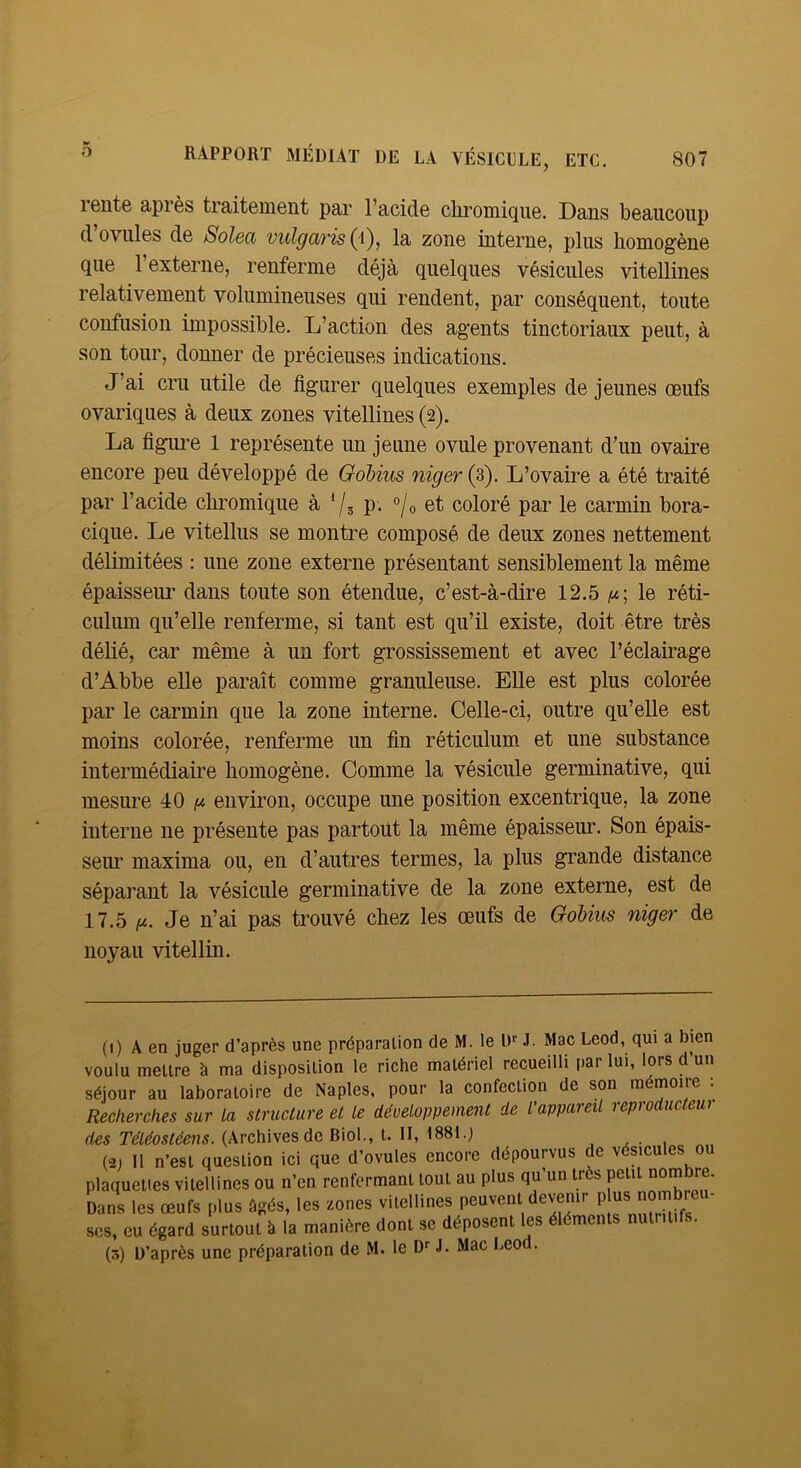 i6iite après traitenient par l’acide cliromique. Dans beaucoup d’ovules de Solea vulgaris (i), la zone interne, plus homogène que 1 externe, renferme déjà quelques vésicules vitellines relativement volumineuses qui rendent, par conséquent, toute confusion impossible. L’action des agents tinctoriaux peut, à son tour, donner de précieuses indications. J’ai cru utile de figurer quelques exemples de jeunes œufs ovariques à deux zones vitellines (2). La figm-e 1 représente un jeune ovule provenant d’un ovaire encore peu développé de Gohius niger (3). L’ovaire a été traité par l’acide clmomique à ^ p. °/o et coloré par le carmin bora- cique. Le vitellus se montre composé de deux zones nettement délimitées : une zone externe présentant sensiblement la même épaisseim dans toute son étendue, c’est-à-dire 12.5 le réti- culum qu’elle renferme, si tant est qu’il existe, doit être très délié, car même à un fort grossissement et avec l’éclairage d’Abbe elle paraît comme granuleuse. Elle est plus colorée par le carmin que la zone interne. Celle-ci, outre qu’elle est moins colorée, renferme un fin réticulum, et une substance intermédiaire homogène. Comme la vésicule germinative, qui mesure 40 environ, occupe une position excentrique, la zone interne ne présente pas partout la même épaisseur. Son épais- seim maxima ou, en d’autres termes, la plus grande distance séparant la vésicule germinative de la zone externe, est de n.b Je n’ai pas trouvé chez les œufs de Oobius niger de noyau vitellin. (1) A en juger d’après une préparation de M. le Df J. Mac Leod, qui a bien voulu mettre à ma disposition le riche matériel recueilli par lui, lors d un séjour au laboratoire de Naples, pour la confection de son m Recherches sur la structure et Le développement de l’appareil reproducteur des Téléostéens. (Archives de Biol., t. II, 1881.) , . , (21 II n’csl question ici que d'ovules encore dépourvus de vésicules ou plaquetles vitellines ou n'en renfermant tout au plus qu'un très petit Dans les œufs plus âgés, les zones vitellines peuvent dev^.r P nombreu- scs, ou égard surtout à la manière dont se déposent les éléments nutritifs. (3) D’après une préparation de M. le D^ J. Mac Leod.