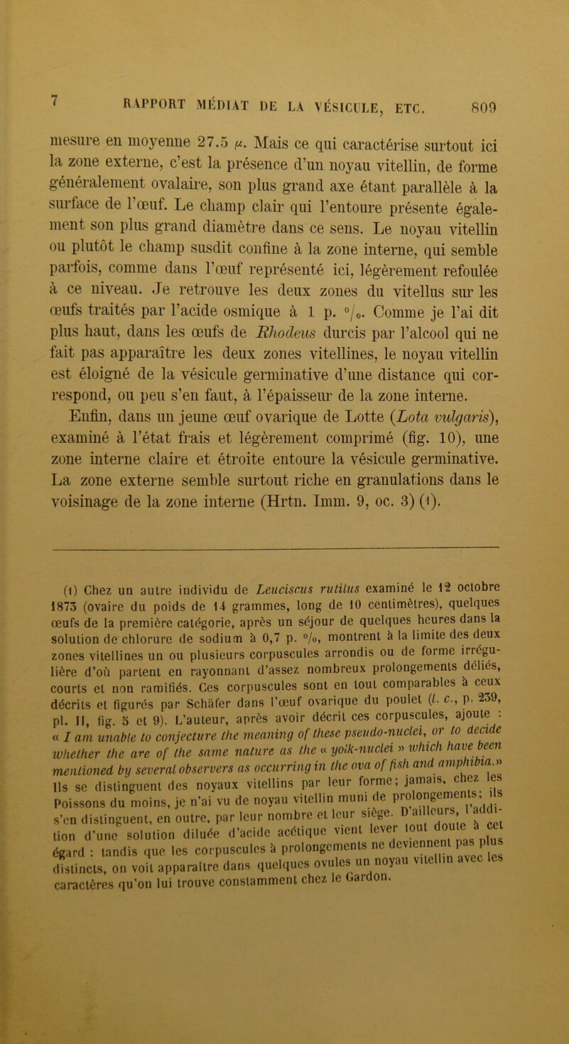 mesure eu uioyeiiue 27.5 Mais ce qui caractérise surtout ici la zone exterue, c est la présence d’un noyau vitelliu, de forme généralement ovalaire, son plus grand axe étant parallèle à la surface de l’œuf. Le champ clair qui l’entoure présente égale- ment son plus grand diamètre dans ce sens. Le noyau vitellin ou plutôt le champ susdit confine à la zone interne, qui semble parfois, comme dans l’œuf représenté ici, légèrement refoulée à ce niveau. Je retrouve les deux zones du vitellus sur les œufs traités par l’acide osmique à 1 p. °/o. Comme je l’ai dit plus haut, dans les œufs de Ehodeus durcis par l’alcool qui ne fait pas apparaître les deux zones vitellines, le noyau vitellin est éloigné de la vésicule germinative d’une distance qui cor- respond, ou peu s’en faut, à l’épaisseiu' de la zone interne. Enfin, dans un jeune œuf ovarique de Lotte (Lota vulgaris), examiné à l’état frais et légèrement comprimé (fig. 10), une zone interne claire et étroite entoure la vésicule germinative. La zone externe semble surtout riche en granulations dans le voisinage de la zone interne (Hrtn. Imm. 9, oc. 3) (i). (i) Chez un autre individu de LeticiscMS rutiius examiné le 12 octobre 1873 (ovaire du poids de U grammes, long de 10 centimètres), quelques œufs de la première catégorie, après un séjour de quelques heures dans la solution de chlorure de sodium à 0,7 p. %, montrent à la limite des deux zones vitellines un ou plusieurs corpuscules arrondis ou de forme iriégu- lière d’où partent en rayonnant d’assez nombreux prolongements déliés, courts et non ramifiés. Ces corpuscules sont en tout comparables à ceux décrits et figurés par Schâfer dans l’œuf ovarique du poulet {l. c., p. 23 , pl. Il, fig. S et 9). L’auteur, après avoir décrit ces corpuscules, ajoute ; « I am unnble to conjecture the meaning of tliese pseudo-nuclei, or to deade Whelher the are of the same nature as the « yoik-nuclei luliîcli hâve been mentioned by several observers as occurring in the ova of fish and aniphi la.» Ils se distinguent des noyaux vitellins par leur forme, jamais, c ez Poissons du moins, je n’ai vu de noyau vitellin muni de pi^ l’aiirii- s’en distinguent, en outre, par leur nombre et leur si ge. ai ^ » lion d'une solulion dilude d’acidc aedlique vient lever 'J' “ éRurd : tandis que les corpuscules i. prolongements ne distincts, on voit apparaître dans quelques ovules un noyau vitellin avec les caractères qu’on lui trouve constamment chez le Gai don.