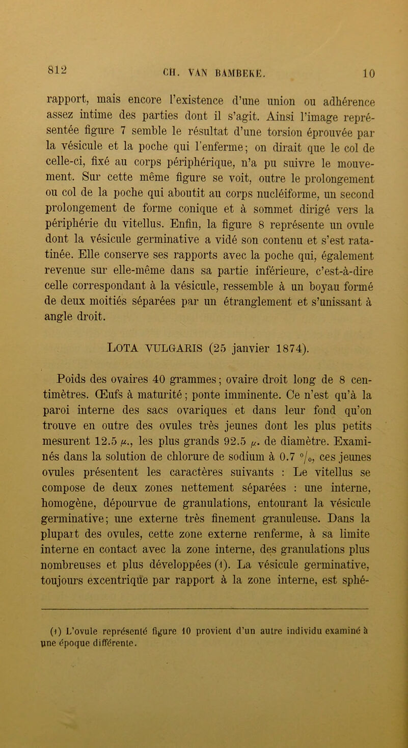 812 rapport, mais encore l’existence d’une union ou adhérence assez intime des parties dont il s’agit. Ainsi l’image repré- sentée figure 7 semble le résultat d’une torsion éprouvée par la vésicule et la poche qui l’enferme; on dirait que le col de celle-ci, fixé au corps périphérique, n’a pu suivre le mouve- ment. Sur cette même figure se voit, outre le prolongement ou col de la poche qui aboutit au corps nucléiforme, un second prolongement de forme conique et à sommet dirigé vers la périphérie du vitellus. Enfin, la figure 8 représente un ovule dont la vésicule germinative a vidé son contenu et s’est rata- tinée. Elle conserve ses rapports avec la poche qui, également revenue sur elle-même dans sa partie infériem^e, c’est-à-dire celle correspondant à la vésicule, ressemble à un boyau formé de deux moitiés séparées par un étranglement et s’unissant à angle droit. LOTA VULGARIS (25 janvier 1874). Poids des ovaires 40 grammes ; ovaire droit long de 8 cen- timètres. Œufs à maturité ; ponte imminente. Ce n’est qu’à la paroi interne des sacs ovariques et dans leur fond qu’on trouve en outre des ovules très jeunes dont les plus petits mesurent 12.5 i/-., les plus grands 92.5 f/. de diamètre. Exami- nés dans la solution de chlorure de sodium à 0.7 °/o, ces jeunes ovules présentent les caractères suivants : Le vitellus se compose de deux zones nettement séparées : une interne, homogène, dépourvue de granulations, entourant la vésicule germinative; une externe très finement granuleuse. Dans la plupart des ovules, cette zone externe renferme, à sa limite interne en contact avec la zone interne, des granulations plus nombreuses et plus développées (i). La vésicule germinative, toujours excentrique par rapport à la zone interne, est sphé- (0 L’ovule représenté figure 10 provient d’un autre individu examiné à une époque différente.