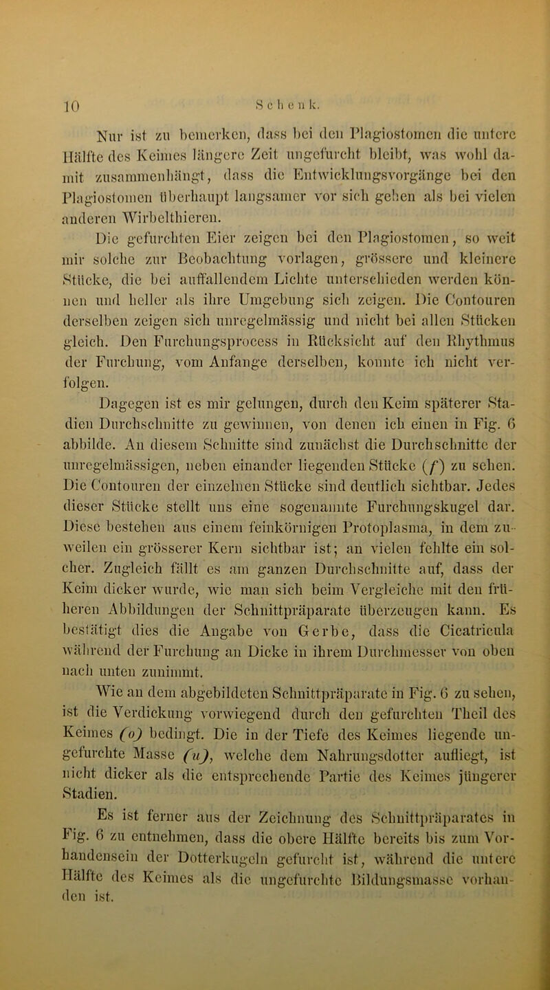 Nur ist zu bemerken, dass bei den Plagiostomen die untere Hälfte des Keimes längere Zeit ungefurcht bleibt, was wohl da- mit zusammenhängt, dass die Entwicklungsvorgänge bei den Plagiostomen überhaupt langsamer vor sich gehen als bei vielen anderen Wirbelthieren. Die gefurchten Eier zeigen bei den Plagiostomen, so weit mir solche zur Beobachtung Vorlagen, grössere und kleinere ►Stücke, die bei auffallendem Lichte unterschieden werden kön- nen und heller als ihre Umgebung sich zeigen. Die Contouren derselben zeigen sich unregelmässig und nicht bei allen Stücken gleich. Den Furchungsprocess in Rücksicht auf den Rhythmus der Furchung, vom Anfänge derselben, konnte ich nicht ver- folgen. Dagegen ist es mir gelungen, durch den Keim späterer Sta- dien Durchschnitte zu gewinnen, von denen ich einen in Fig. 6 abbilde. An diesem Schnitte sind zunächst die Durchschnitte der unregelmässigen, neben einander liegenden Stücke (/*) zu sehen. Die Contouren der einzelnen Stücke sind deutlich sichtbar. Jedes dieser Stücke stellt uns eine sogenannte Furchungskugel dar. Diese bestehen aus einem feinkörnigen Protoplasma, in dem zu- weilen ein grösserer Kern sichtbar ist; an vielen fehlte ein sol- cher. Zugleich fällt es am ganzen Durchschnitte auf, dass der Keim dicker wurde, wie man sich beim Ahrgleiche mit den frü- heren Abbildungen der Schnittpräparate überzeugen kann. Es bestätigt dies die Angabe von Gerbe, dass die Cicatricula während der Furchung an Dicke in ihrem Durchmesser von oben nach unten zunimmt. Wie an dem abgebildeten Schnittpräparate in Fig. 6 zu sehen, ist die Verdickung vorwiegend durch den gefurchten Theil des Keimes (o) bedingt. Die in der Tiefe des Keimes liegende un- gefurchte Masse (u), welche dem Nahrungsdotter aufliegt, ist nicht dicker als die entsprechende Partie des Keimes jüngerer Stadien. Es ist ferner aus der Zeichnung des Schnittpräparates in Fig. 6 zu entnehmen, dass die obere Hälfte bereits bis zum Vor- handensein der Dotterkugeln gefurcht ist, während die untere Hälfte des Keimes als die ungefurchte Bildungsmassc vorhan- den ist.