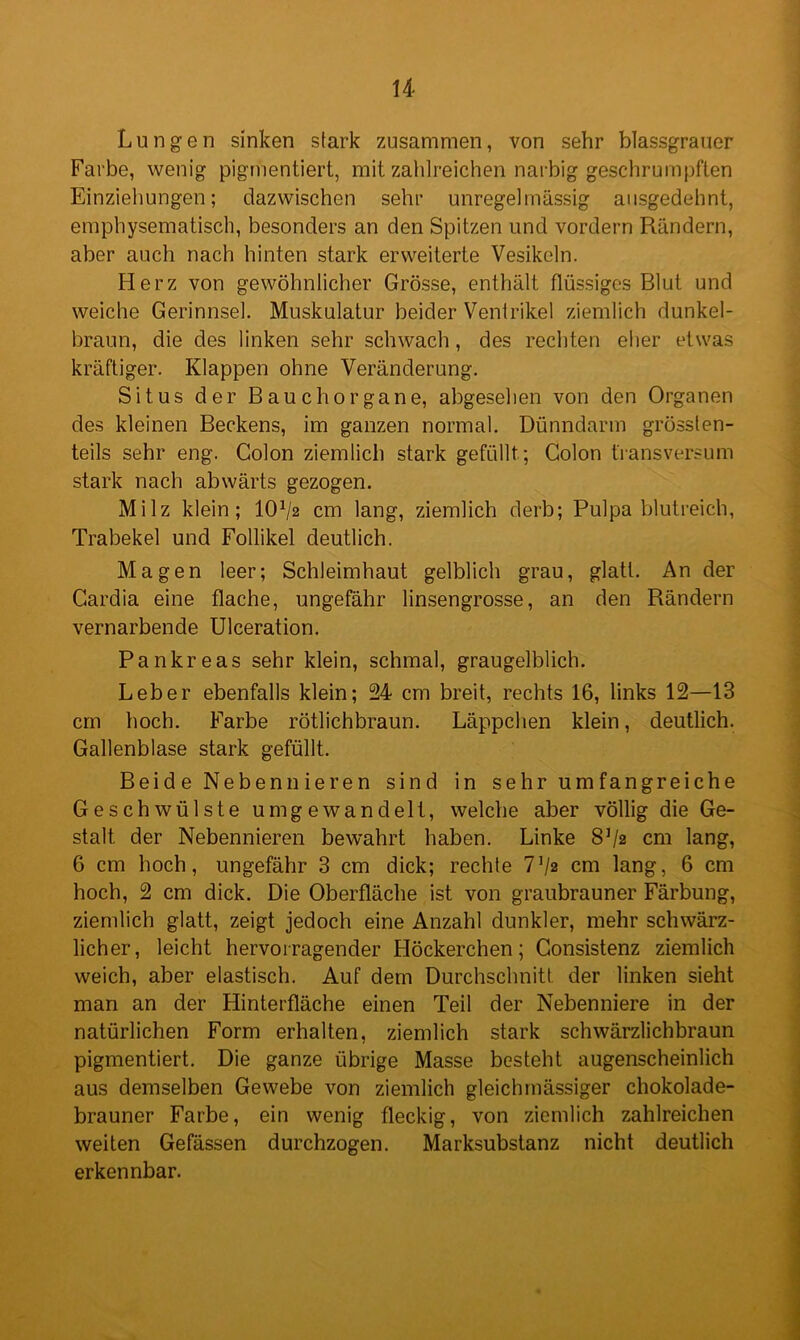 Lungen sinken stark zusammen, von sehr blassgrauer Farbe, wenig pigmentiert, mit zahlreichen narbig geschrumpften Einziehungen; dazwischen sehr unregelmässig ausgedehnt, emphysematisch, besonders an den Spitzen und vordem Rändern, aber auch nach hinten stark erweiterte Vesikeln. Herz von gewöhnlicher Grösse, enthält flüssiges Blut und weiche Gerinnsel. Muskulatur beider Ventrikel ziemlich dunkel- braun, die des linken sehr schwach, des rechten eher etwas kräftiger. Klappen ohne Veränderung. Situs der Bauchorgane, abgesehen von den Organen des kleinen Beckens, im ganzen normal. Dünndarm grössten- teils sehr eng. Colon ziemlich stark gefüllt; Colon transversum stark nach abwärts gezogen. Milz klein; ICP/2 cm lang, ziemlich derb; Pulpa blutreich, Trabekel und Follikel deutlich. Magen leer; Schleimhaut gelblich grau, glatt. An der Cardia eine flache, ungefähr linsengrosse, an den Rändern vernarbende Ulceration. Pankreas sehr klein, schmal, graugelblich. Leber ebenfalls klein; 24 cm breit, rechts 16, links 12—13 cm hoch. Farbe rötlichbraun. Läppchen klein, deutlich. Gallenblase stark gefüllt. Beide Nebennieren sind in sehr umfangreiche Geschwülste um ge wand eit, welche aber völlig die Ge- stalt der Nebennieren bewahrt haben. Linke 8J/a cm lang, 6 cm hoch, ungefähr 3 cm dick; rechte 7Va cm lang, 6 cm hoch, 2 cm dick. Die Oberfläche ist von graubrauner Färbung, ziemlich glatt, zeigt jedoch eine Anzahl dunkler, mehr schwärz- licher, leicht hervorragender Höckerchen; Consistenz ziemlich weich, aber elastisch. Auf dem Durchschnitt der linken sieht man an der Hinterfläche einen Teil der Nebenniere in der natürlichen Form erhalten, ziemlich stark schwärzlichbraun pigmentiert. Die ganze übrige Masse besteht augenscheinlich aus demselben Gewebe von ziemlich gleichmässiger chokolade- brauner Farbe, ein wenig fleckig, von ziemlich zahlreichen weiten Gefässen durchzogen. Marksubstanz nicht deutlich erkennbar.