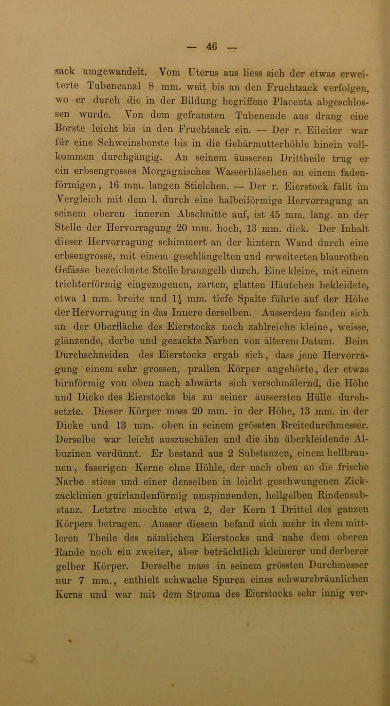 sack umgewandelt. Vom Uterus aus liess sich der etwas erwei- terte lubencanal 8 mm. weit bis an den Fruchtsack verfolgen, wo er durch die in der Bildung begriffene Placenta abgeschlos- sen wurde. Von dem gefransten Tubenende aus drang eine Borste leicht bis in den Fruchtsack ein. — Der r. Eileiter war für eine Schweinsborste bis in die Gebärmutterhöhle hinein voll- kommen durchgängig. An seinem äusseren Drittheile trug er ein erbsengrosses Morgagnisches Wasserbläsehen an einem faden- förmigen , 16 mm. langen Stielchen. — Der r. Eierstock fällt im Vergleich mit dem 1. durch eine halbeiförmige Hervorragung an seinem oberen inneren Abschnitte auf, ist 45 mm. lang, an der Stelle der Hervorragung 20 mm. hoch, 13 mm. dick. Der Inhalt dieser Hervorragung schimmert an der hintern Wand durch eine erbsengrosse, mit einem geschlängelten und erweiterten blaurothen Gefässe bezeichnete Stelle braungelb durch. Eine kleine, mit einem trichterförmig eingezogenen, zarten, glatten Häutchen bekleidete, etwa 1 mm. breite und 1’ mm. tiefe Spalte führte auf der Höhe der Hervorragung in das Innere derselben. Ausserdem fanden sich an der Oberfläche des Eierstocks noch zahlreiche kleine, weisse, glänzende, derbe und gezackte Narben von älterem Datum. Beim Durchschneiden des Eierstocks ergab sich, dass jene Hervorra- gung einem sehr grossen, prallen Körper angehörte, der etwas birnförmig von oben nach abwärts sich verschmälernd, die Höhe und Dicke des Eierstocks bis zu seiner äussersten Hülle durch- setzte. Dieser Körper mass 20 mm. in der Höhe, 13 mm. in der Dicke und 13 mm. oben in seinem grössten Breitedurchmesser. Derselbe war leicht auszuschälen und die ihn überkleidende Al- buzinen verdünnt. Er bestand aus 2 Substanzen, einem hellbrau- nen , faserigen Kerne ohne Höhle, der nach oben an die frische Narbe stiess und einer denselben in leicht geschwungenen Zick- zacklinien guirlandenförmig umspinnenden, hellgelben Rindensub- stanz. Letztre mochte etwa 2, der Kern 1 Drittel des ganzen Körpers betragen. Ausser diesem befand sich mehr in dem mitt- leren Theile des nämlichen Eierstocks und nahe dem oberen Rande noch ein zweiter, aber beträchtlich kleinerer und derberer gelber Körper. Derselbe mass in seinem grössten Durchmesser nur 7 mm., enthielt schwache Spuren eines schwarzbräunlichen Kerns und war mit dem Stroma des Eierstocks sehr innig ver-