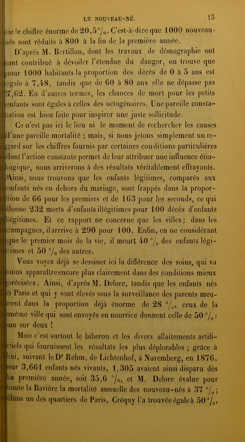 ie le chifïre énorme de 20,5%. C’est-à-dire que 1000 nouveau- Inès sont réduits à 800 à la fin de la première année. D’après M. B ertillon, dont les travaux de démographie ont ant contribué à dévoiler l’étendue du danger, on trouve que >our 1000 habitants la proportion des décès de 0 à 5 ans est iégale à 7,48, tandis que de 60 à 80 ans elle ne dépasse pas ;7,62. En d’autres termes, les chances de mort pour les petits tenfanls sont égales à celles des octogénaires. Une pareille consla- alion est bien faite pour inspirer une juste sollicitude. Ce n’est pas ici le lieu ni le moment de rechercher les causes ll’une pareille mortalité ; mais, si nous jetons simplement un re- gard sur les chiffres fournis par certaines conditions particulières dont l’action constante permet de leur attribuer une influence étio- ogique, nous arriverons à des résultats véritablement effrayants. Ainsi, nous trouvons que les enfants légitimes, comparés aux infants nés en dehors du mariage, sont frappés dans la propor- tion de 66 pour les premiers et de 163 pour les seconds, ce qui donne 232 morts d’enfants illégitimes pour 100 décès d’enfants égilimes. El ce rapport ne concerne que les villes; dans les campagnes, ilarrrive à 290 pour 100. Enfin, en ne considérant que le premier mois de la vie, il meurt 40 °/0 des enfants légi- times et 50 c/o des autres. Vous voyez déjà se dessiner ici la différence des soins, qui va ious apparaître encore plus clairement dans des conditions mieux arécisées. Ainsi, d’après M. Delore, tandis que les enfants nés ï Paris et qui y sont élevés sous la surveillance des parents meu- [irent dans la proportion déjà énorme de 28 °/0, ceux de la iméme ville qui sont envoyés en nourrice donnent celle de 50 °/0 : i.un sur deux ! Mais c’est surtout le biberon et les divers allaitements artifi- ciels qui lournissenl les résultats les plus déplorables ; grâce à ui, suivant leDr Rehm, de Lichtenhof, à Nuremberg, en 1876, sur 3,661 enfants nés vivants, 1,305 avaient ainsi disparu dès a première année, soit 35,6 °/o, et M. Delore évalue pour :oute la Bavière la mortalité annuelle des nouveau-nés à 37 °/0; 'dans un des quartiers de Paris, Créquy l’a trouvéeégaleà 50 °/0,