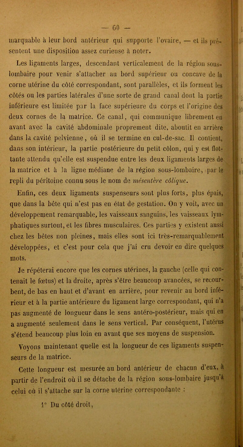 niarquable ti leur bord antérieur qui suppoi le l’ovaire, — et ils pré- sentent une disposition assez curieuse à noter. Les ligaments larges, descendant verticalement de la région sous- lombaire pour venir s’attacher au bord supérieur ou concave de la corne utérine du côté correspondant, sont parallèles, et ils forment les côtés ou les parties latérales d’une sorte de grand canal dont la partie inférieure est limitée par la face supérieure du corps et l’origine des deux cornes de la matrice. Ce canal, qui communique librement en avant avec la cavité abdominale proprement dite, aboutit en arrière dans la cavité pelvienne, où il se termine en cul-de-sac. Il contient, dans son intérieur, la partie postérieure du petit côlon, qui y est flot- tante attendu qu’elle est suspendue entre les deux ligaments larges de la matrice et ù la ligne médiane de la région sous-lombaire, parle repli du péritoine connu sous le nom de mésentère côlique. Enfin, ces deux ligaments suspenseurs sont plus forts, plus épais, que dans la bête qui n’est pas en état de gestation. On y voit, avec un développement remarquable, les vaisseaux sanguins, les vaisseaux lym- phatiques surtout, et les fibres musculaires. Ces parties y existent aussi chez les bêtes non pleines, mais elles sont ici très-remarquablement développées, et c’est pour cela que j’ai cru devoir en dire quelques mots. Je répéterai encore que les cornes utérines, la gauche (celle qui con- tenait le fœtus) et la droite, après s’être beaucoup avancées, se recour- bent, de bas en haut et d’avant en arrière, pour revenir au bord infé- rieur et cl la partie antérieure du ligament large correspondant, qui n’a pas augmenté de longueur dans le sens antéro-postérieur, mais qui en a augmenté seulement dans le sens vertical. Par conséquent, l’utérus s’étend beaucoup plus loin en avant que ses moyens de suspension. Voyons maintenant quelle est la longueur de ces ligaments suspen- seurs de la matrice. Cette longueur est mesurée au bord antérieur de chacun d’eux, à partir de l’endroit où il se détache de la région sous-lombaire jusqu’à celui où il s’attache sur la corne utérine correspondante ; 1 Du côté droit,