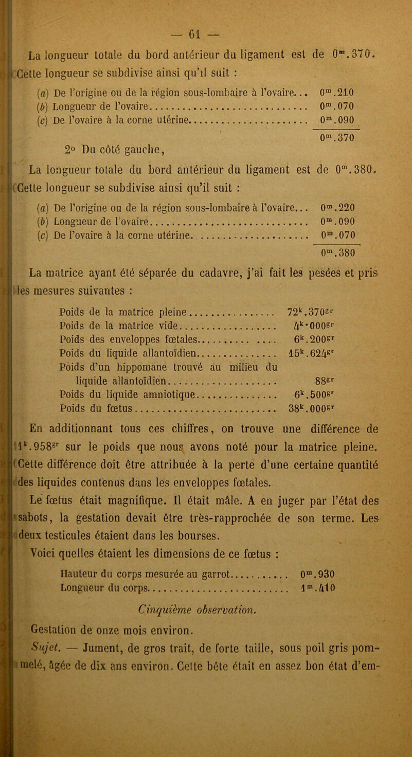 La longueur totale du bord antérieur du ligament est de 0“.370. I Cette longueur se subdivise ainsi qu’il suit : i (ffl) De l’origine ou de la région sous-lombaire à l’ovaire... 0“.210 {b) Longueur de l’ovaire 0“.070 (c) De l’ovaire à la corne utérine 0“.090 0“‘.370 2» Du côté gauche, i! La longueur totale du bord antérieur du ligament est de O*.380. ijCCette longueur se subdivise ainsi qu’il suit : (fl) De l’origine ou de la région sous-lombaire à l’ovaire... 0“.220 (6) Longueur de l’ovaire O^.OQO (c) De l’ovaire à la corne utérine. 0“.070 0“».380 I La matrice ayant été séparée du cadavre, j’ai fait les pesées et pris r i les mesures suivantes : Poids de la matrice pleine 72*^.370s<‘ Poids de la matrice vide ^•‘•OOOer Poids des enveloppes fœtales 6‘‘.200s»' Poids du liquide allantoïdien 15''.62Zi8' Poids d’un hippomane trouvé au milieu du liquide allantoïdien Poids du liquide amniotique 6'‘.500S' Poids du fœtus 38'‘.000b^ l K i i En additionnant tous ces chiffres, on trouve une différence de sur le poids que nous avons noté pour la matrice pleine. (Cette différence doit être attribuée à la perte d’une certaine quantité des liquides contenus dans les enveloppes fœtales. Le fœtus était magnifique. Il était mâle. A en juger par l’état des 'sabots, la gestation devait être très-rapprochée de son terme. Les ' deux testicules étaient dans les bourses. Voici quelles étaient les dimensions de ce fœtus : Hauteur du corps mesurée au garrot C^.930 Longueur du corps Cinquième observation. Gestation de onze mois environ. Sujet. — Jument, de gros trait, de forte taille, sous poil gris pom- melé, âgée de dix ans environ. Celte bête était en assez bon état d’em-