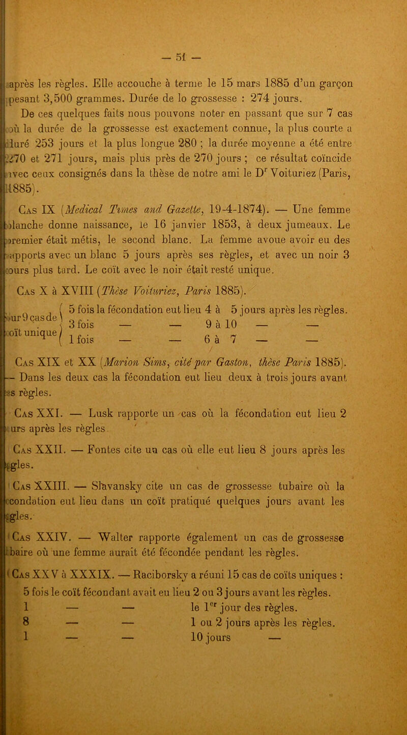 j laprès les règles. Elle accouche à terme le 15 mars 1885 d’un garçon I pesant 3,500 grammes. Durée de lo grossesse : 274 jours. De ces quelques faits nous pouvons noter en passant que sur 7 cas :où la durée de la grossesse est exactement connue, la plus courte u ùiuré 253 jours et la plus longue 280 ; la durée moyenne a été entre .270 et 271 jours, mais plus près de 270 jours ; ce résultat coïncide uvec ceux consignés dans la thèse de notre ami le D” Voituriez (Paris, 11885). Cas IX [Medical Times and Gazette, 19-4-1874). — Une femme .olanche donne naissance, le 16 janvier 1853, à deux jumeaux. Le oremier était métis, le second blanc. La femme avoue avoir eu des rapports avec un blanc 5 jours après ses règles, et avec un noir 3 oDurs plus tard. Le coït avec le noir était resté unique. Cas X à XVIII [Thèse Voituriez, Paris 1885).*^ 'iiurOças de .oït unique 5 fois la fécondation eut lieu 4 à 5 jours après les règles. 3 fois — — 9 à 10 — — 1 fois — — 6 à 7 — — Cas XIX et XX [Marion Sims^ cité par Gaston, thèse Paris 1885). — Dans les deux cas la fécondation eut lieu deux à trois jours avant '.^s règles. Cas XXL — Lusk rapporte un xas où la fécondation eut lieu 2 i: urs après les règles. Cas XXll. — Fontes cite un cas où elle eut lieu 8 jours après les ^gles. ' Cas XXIII. — Slnvansky cite un cas de grossesse tubaire où la ccondation eut lieu dans un coït pratiqué quelques jours avant les ^gles.- ' Cas XXIV. — Walter rapporte également un cas de grossesse Ibaire où une femme aurait été fécondée pendant les règles. ( Cas XXV à XXXIX. — Raciborskj a réuni 15 cas de coïts uniques : 5 fois le coït fécondant avait eu lieu 2 ou 3 jours avant les règles. 1 — — le 1®' jour des règles. 8 — — 1 ou 2 jours après les règles. 1 — — 10 jours —