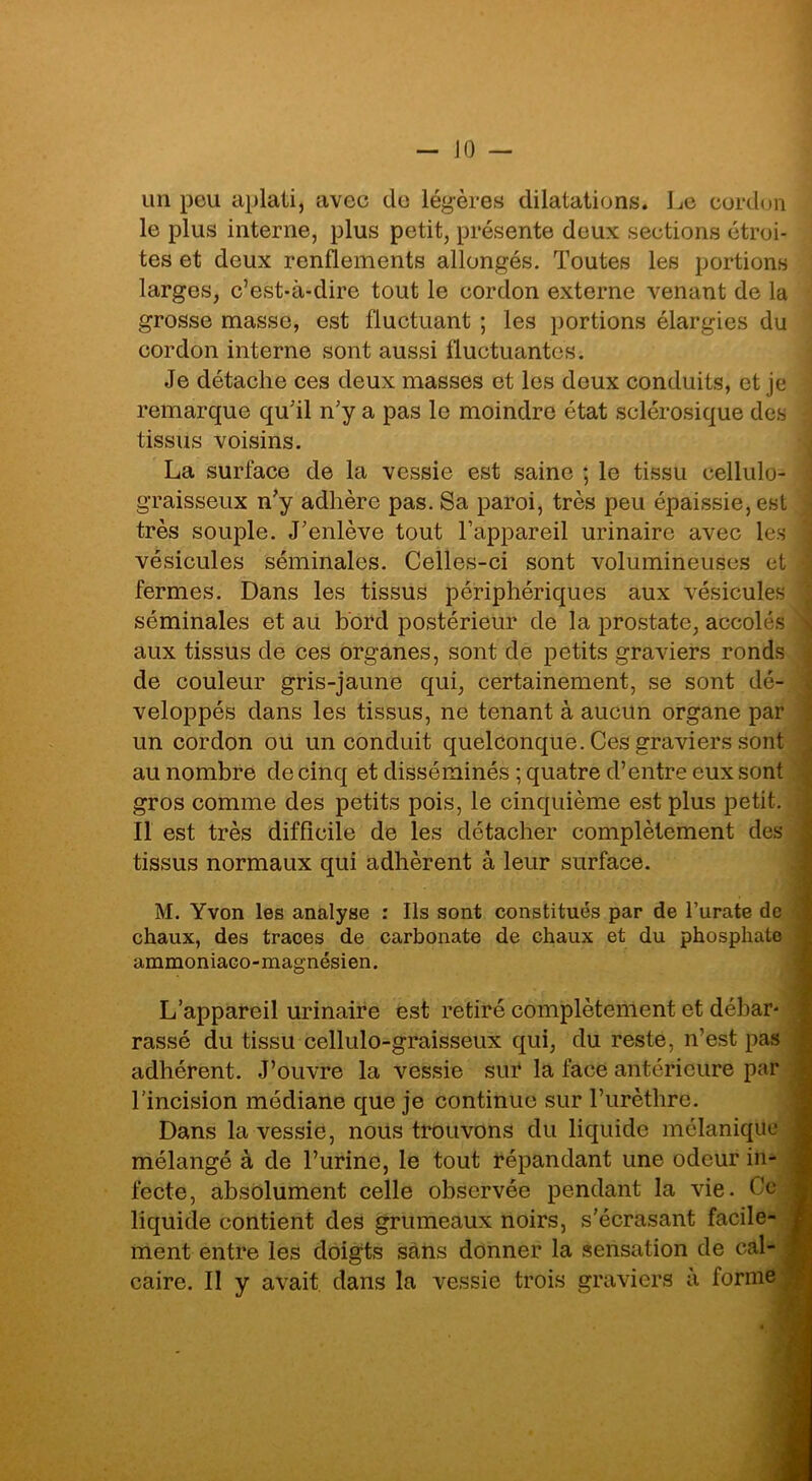 un peu aplati, avec de légères dilatations. Le cordon le plus interne, plus petit, présente deux sections étroi- tes et deux renflements allongés. Toutes les portions larges, c’est-à-dire tout le cordon externe venant de la grosse masse, est fluctuant ; les portions élargies du cordon interne sont aussi fluctuantes. Je détache ces deux masses et les deux conduits, et je remarque qu’il n’y a pas le moindre état sclérosique des : tissus voisins. La surface de la vessie est saine ; le tissu eellulo- graisseux n’y adhère pas. Sa paroi, très peu épaissie, est j très souple. J’enlève tout l’appareil urinaire avec les 3 vésicules séminales. Celles-ci sont volumineuses et • fermes. Dans les tissus périphériques aux vésicules séminales et au bord postérieur de la prostate, accolés aux tissus de ces organes, sont de petits graviers ronds de couleur gris-jaune qui, certainement, se sont dé- veloppés dans les tissus, ne tenant à aucun organe par un cordon ou un conduit quelconque. Ces graviers sont au nombre de cinq et disséminés ; quatre d’entre eux sont gros comme des petits pois, le cinquième est plus petit. Il est très difficile de les détacher complètement des tissus normaux qui adhèrent à leur surface. M. Yvon les analyse : Ils sont constitués par de l’urate de chaux, des traces de carbonate de chaux et du phosphate ammoniaco-magnésien. L’appareil urinaire est retiré complètement et débar* rassé du tissu cellulo-graisseux qui, du reste, n’est pas adhérent. J’ouvre la vessie sur la face antérieure par l’incision médiane que je continue sur l’urèthre. Dans la vessie, nous trouvons du liquide mélanique j mélangé à de l’urine, le tout répandant une odeur in- fecte, absolument celle observée pendant la vie. Ce liquide contient des grumeaux noirs, s’écrasant facile- ment entre les doigts sans donner la sensation de cal- caire. II y avait dans la vessie trois graviers à forme