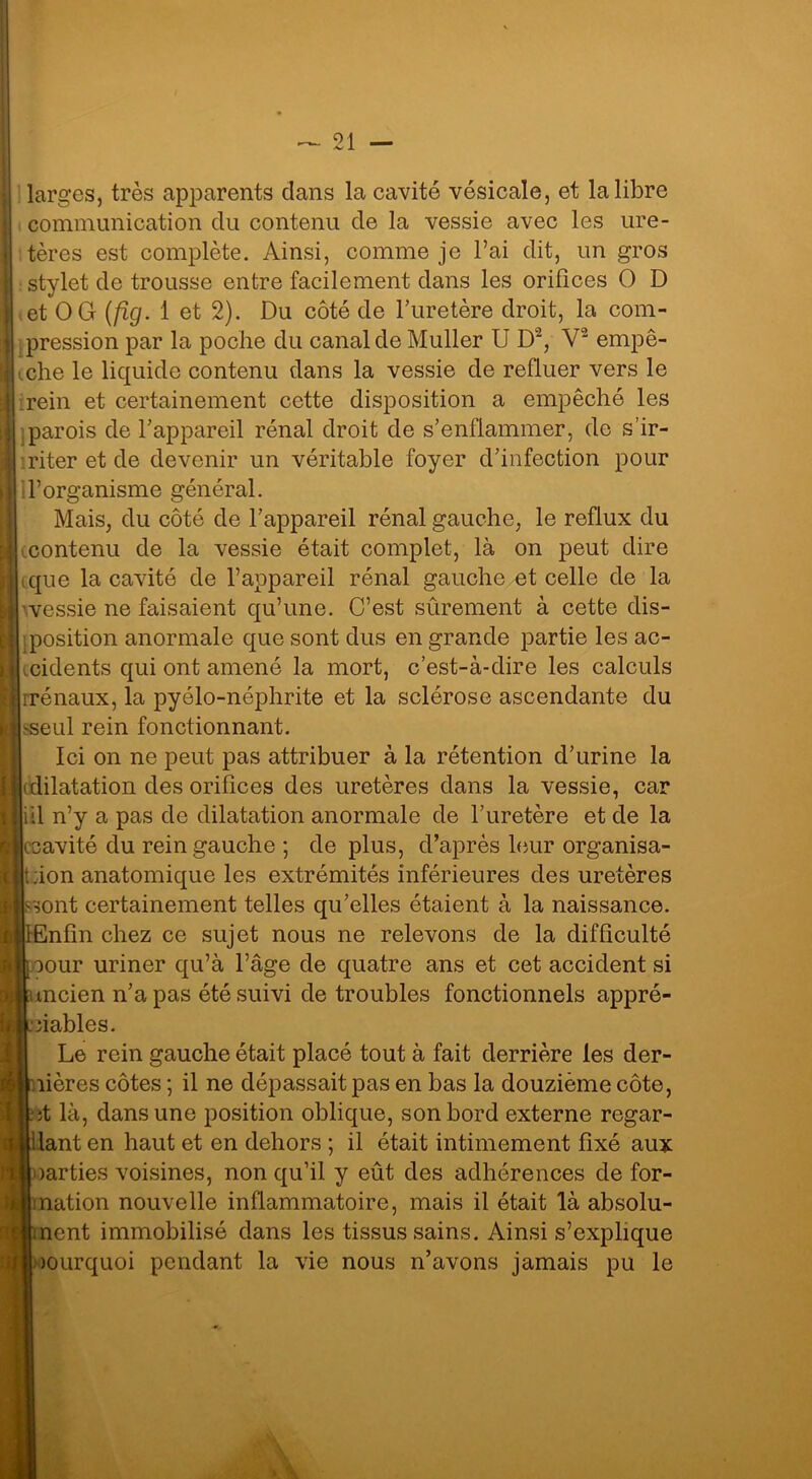 larges, très apparents dans la cavité vésicale, et la libre communication du contenu de la vessie avec les ure- tères est complète. Ainsi, comme je l’ai dit, un gros stylet de trousse entre facilement dans les orifices O D et O G (fig. 1 et 2). Du côté de l’uretère droit, la com- pression par la poche du canal de Muller U D2, V2 empê- mhe le liquide contenu dans la vessie de refluer vers le ;rein et certainement cette disposition a empêché les parois de l’appareil rénal droit de s’enflammer, de s’ir- riter et de devenir un véritable foyer d’infection pour l’organisme général. Mais, du côté de l’appareil rénal gauche, le reflux du contenu de la vessie était complet, là on peut dire que la cavité de l’appareil rénal gauche et celle de la 'vessie ne faisaient qu’une. C’est sûrement à cette dis- position anormale que sont dus en grande partie les ac- L eidents qui ont amené la mort, c’est-à-dire les calculs irénaux, la pyélo-néphrite et la sclérose ascendante du l'seul rein fonctionnant. Ici on ne peut pas attribuer à la rétention d’urine la 1< dilatation des orifices des uretères dans la vessie, car liil n’y a pas de dilatation anormale de l’uretère et de la |ccavité du rein gauche ; de plus, d’après leur organisa- tion anatomique les extrémités inférieures des uretères sont certainement telles qu’elles étaient à la naissance. lEnfin chez ce sujet nous ne relevons de la difficulté [pour uriner qu’à l’âge de quatre ans et cet accident si uncien n’a pas été suivi de troubles fonctionnels appré- ciables. Le rein gauche était placé tout à fait derrière les der- nières côtes ; il ne dépassait pas en bas la douzième côte, ;t là, dans une position oblique, son bord externe regar- dant en haut et en dehors ; il était intimement fixé aux parties voisines, non qu’il y eût des adhérences de for- mation nouvelle inflammatoire, mais il était là absolu- ment immobilisé dans les tissus sains. Ainsi s’explique )ourquoi pendant la vie nous n’avons jamais pu le