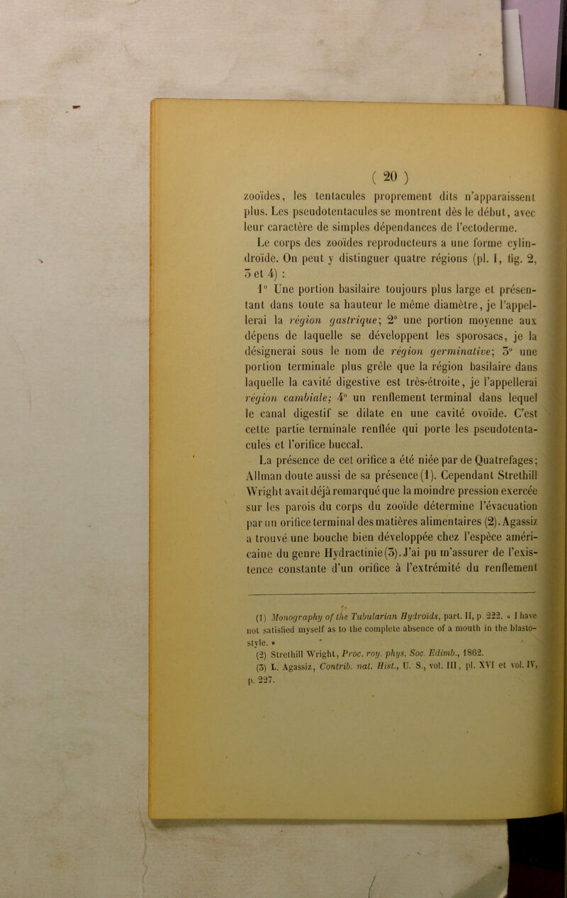 zooïdes, les tentacules proprement dits n’apparaissent plus. Les pseudotentacules se montrent dès le début, avec leur caractère de simples dépendances de l’ectoderme. Le corps des zooïdes reproducteurs a uue forme cylin- droïde. On peut y distinguer quatre régions (pl. I, tig. 2, 5 et 4) : 1° Une portion basilaire toujours plus large et présen- tant dans toute sa hauteur le même diamètre, je l’appel- lerai la région gastrique; 2° une portion moyenne aux dépens de laquelle se développent les sporosacs, je la désignerai sous le nom de région germinative; 5° une portion terminale plus grêle que la région basilaire dans laquelle la cavité digestive est très-étroite, je l’appellerai région cambiale; 4° un renflement terminal dans lequel le canal digestif se dilate en une cavité ovoïde. C’est celte partie terminale renflée qui porte les pseudotenta- cules et l’orifice buccal. La présence de cet orifice a été niée par de Quatrefages; Allman doute aussi de sa présence (1). Cependant Strethill Wright avait déjà remarqué que la moindre pression exercée sur les parois du corps du zooïde détermine l’évacuation par un orifice terminal des matières alimentaires (2). Agassiz a trouvé une bouche bien développée chez l’espèce améri- caine du genre Hydractinie(5). J’ai pu m’assurer de l’exis- tence constante d’un orifice à l’extrémité du renflement (1) Monography of the Tubularian Hydroïds, part. II, p. 222. « I hâve not satislied myself as to the complété absence of a mouth in the blasto- slyle. » (2) Strethill Wright, Proc. roy. pliys. Soc. Edimb., 1862.