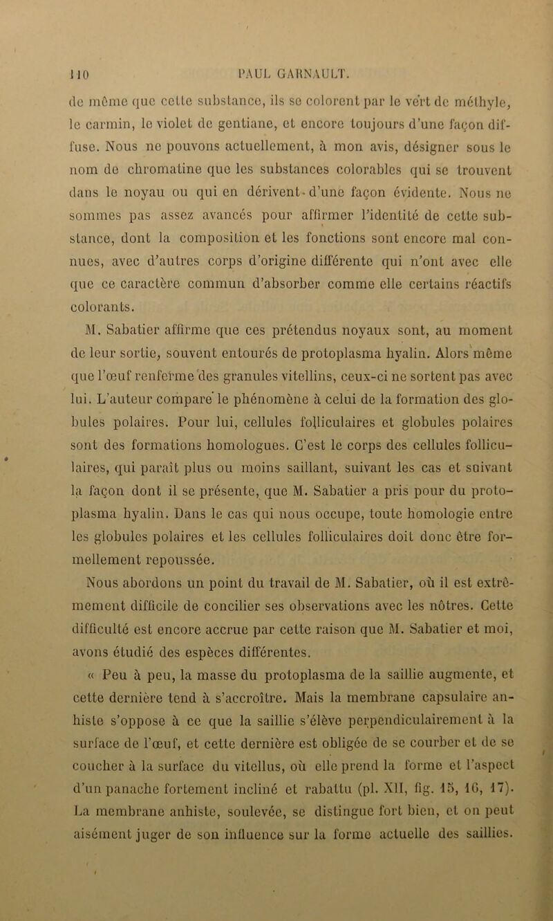 de môme que celle substance, ils se colorent par le vert de méthyle, le carmin, le violet de gentiane, et encore toujours d’une façon dif- fuse. Nous ne pouvons actuellement, à mon avis, désigner sous le nom de chromatine que les substances colorables qui se trouvent dans le noyau ou qui en dérivent-d’une façon évidente. Nous ne sommes pas assez avancés pour affirmer l’identité de cette sub- « stance, dont la composition et les fonctions sont encore mal con- nues, avec d’autres corps d’origine différente qui n’ont avec elle que ce caractère commun d’absorber comme elle certains réactifs colorants. M. Sabatier affirme que ces prétendus noyaux sont, au moment de leur sortie, souvent entourés de protoplasma liyalin. Alors même que l’œuf renferme des granules vitellins, ceux-ci ne sortent pas avec lui. L’auteur compare le phénomène à celui de la formation des glo- bules polaires. Pour lui, cellules folliculaires et globules polaires sont des formations homologues. C’est le corps des cellules follicu- laires, qui paraît plus ou moins saillant, suivant les cas et suivant la façon dont il se présente, que M. Sabatier a pris pour du proto- plasma hyalin. Dans le cas qui nous occupe, toute homologie entre les globules polaires et les cellules folliculaires doit donc être for- mellement repoussée. Nous abordons un point du travail de M. Sabatier, où il est extrê- mement difficile de concilier ses observations avec les nôtres. Cette difficulté est encore accrue par cette raison que M. Sabatier et moi, avons étudié des espèces différentes. « Peu à peu, la masse du protoplasma de la saillie augmente, et cette dernière tend à s’accroître. Mais la membrane capsulaire an- histe s’oppose ù. ce que la saillie s’élève perpendiculairement à la surface de l’œuf, et cette dernière est obligée de se courber et de se coucher à la surface du vilellus, où elle prend la forme et l’aspect d’un panache fortement incliné et rabattu (pl. XII, fig. 15, IG, 17). La membrane anhiste, soulevée, se distingue fort bien, et on peut aisément juger de son influence sur la forme actuelle des saillies.