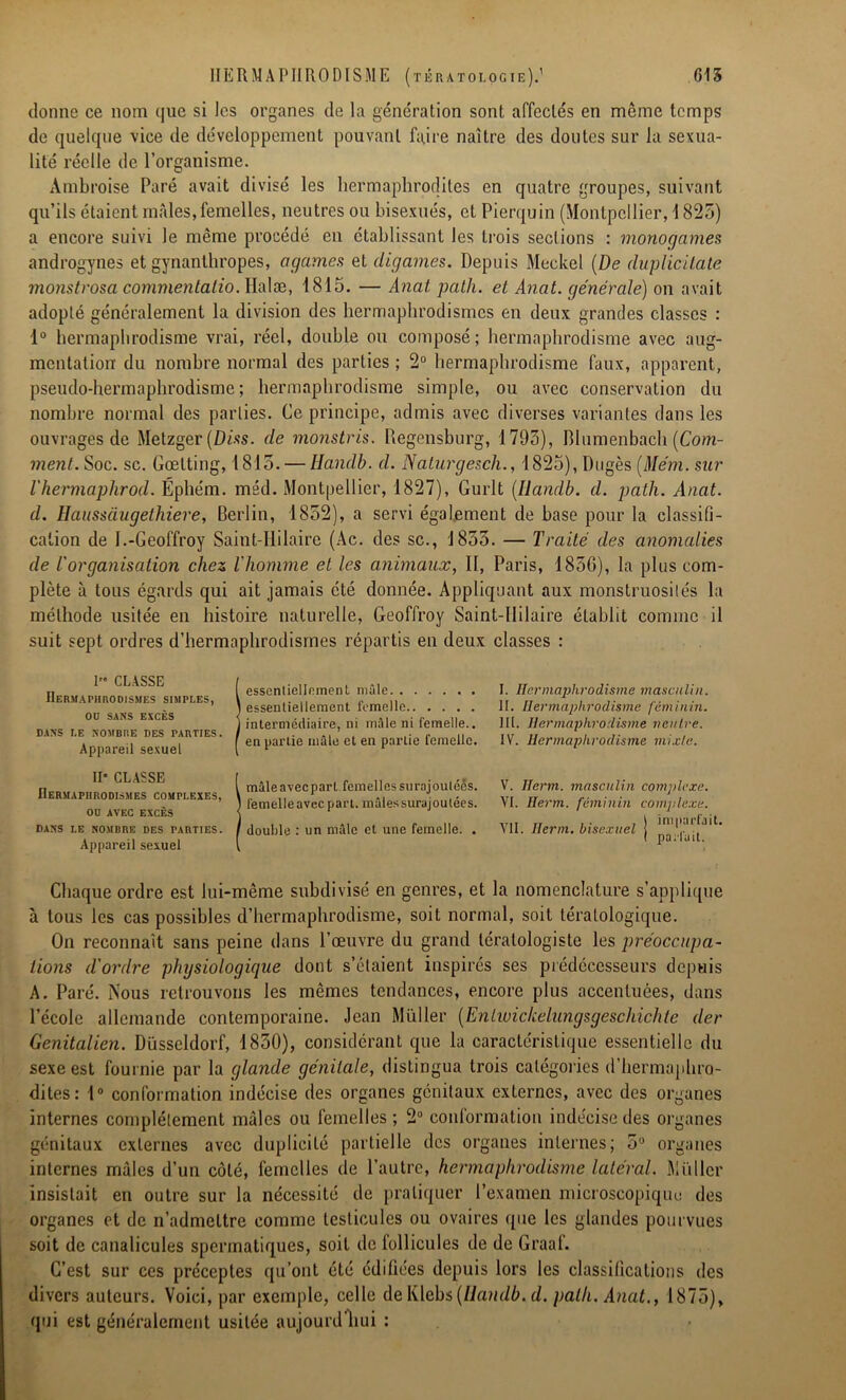 donne ce nom que si les organes de la génération sont affectés en même temps de quelque vice de développement pouvant faire naître des doutes sur la sexua- lité réelle de l’organisme. Ambroise Paré avait divisé les hermaphrodites en quatre groupes, suivant qu’ils étaient mfdes, femelles, neutres ou bisexués, et Pierquin (Montpellier, 1825) a encore suivi le même procédé en établissant les trois sections : monogames androgynes et gynantbropes, agames et digames. Depuis Meckel (De duplicitate monstrosa commentatio.lh\x, 1815. — Anal path. et Anat. générale) on avait adopté généralement la division des hermaphrodismes en deux grandes classes : 1° hermaphrodisme vrai, réel, double ou composé; hermaphrodisme avec aug- mentation du nombre normal des parties ; 2° hermaphrodisme faux, apparent, pseudo-hermaphrodisme ; hermaphrodisme simple, ou avec conservation du nombre normal des parties. Ce principe, admis avec diverses variantes dans les ouvrages de Metzger (Diss. de monstris. Regensburg, 1793), Blumenbach (Com- ment. Soc. sc. Gœlting, 1815. — Handb. d. Naturgesch., 1825), Dugès (Mém. sur l'hermaphrod. Éphém. msd. Montpellier, 1827), Gurlt (Handb. d. path. Anat. d. Ilaussdugethiere, Berlin, 1852), a servi également de hase pour la classifi- cation de 1.-Geoffroy Saint-Hilaire (Ac. des sc., 1855. — Traité des anomalies de l'organisation chez l'homme et les animaux, II, Paris, 1856), la plus com- plète à tous égards qui ait jamais été donnée. Appliquant aux monstruosités la méthode usitée en histoire naturelle, Geoffroy Saint-IIilaire établit comme il suit sept ordres d’hermaphrodismes répartis en deux classes : 1 CLASSE Hermaphrodismes simples, ou sans excès DANS LE NOMBRE DES PARTIES. Appareil sexuel essentiellement mâle essentiellement femelle intermédiaire, ni mâle ni femelle., en partie mâle et en partie femelle. I. IIerma])hroclisme masculin. II. Hermaphrodisme féminin. III. Hermaphrodisme neutre. IV. Hermaphrodisme mixte. II” CLASSE Hermaphrodismes complexes, ou avec excès DANS LE NOMBRE DES PARTIES. Appareil sexuel mâle avec part femelles surajoutées, femelleavec part, mâlessurajoulées. double : un mâle et une femelle. . V. Herm. masculin complexe. VI. Herm. féminin complexe. imparfait. VII. Herm. bisexuel parfait. Chaque ordre est lui-même subdivisé en genres, et la nomenclature s’applique à tous les cas possibles d’hermaphrodisme, soit normal, soit tératologique. On reconnaît sans peine dans l’œuvre du grand tératologiste les préoccupa- tions d'ordre physiologique dont s’étaient inspirés ses prédécesseurs depuis A. Paré. Nous retrouvons les mêmes tendances, encore plus accentuées, dans l’école allemande contemporaine. Jean Muller (Entwickelungsgeschichte der Genitalien. Düsseldorf, 1850), considérant que la caractéristique essentielle du sexe est fournie par la glande génitale, distingua trois catégories d’hermaphro- dites: 1° conformation indécise des organes génitaux externes, avec des organes internes complètement mâles ou femelles ; 2° conformation indécise des organes génitaux externes avec duplicité partielle des organes internes; 5° organes internes mâles d’un côté, femelles de l’autre, hermaphrodisme latéral. Millier insistait en outre sur la nécessité de pratiquer l’examen microscopique des organes et de n’admettre comme testicules ou ovaires que les glandes pourvues soit de canalicules spermatiques, soit de follicules de de Graal. C’est sur ces préceptes qu’ont été édifiées depuis lors les classifications des divers auteurs. Voici, par exemple, celle de Klebs (llandb. d. path. Anat., 1875), qui est généralement usitée aujourd'hui :