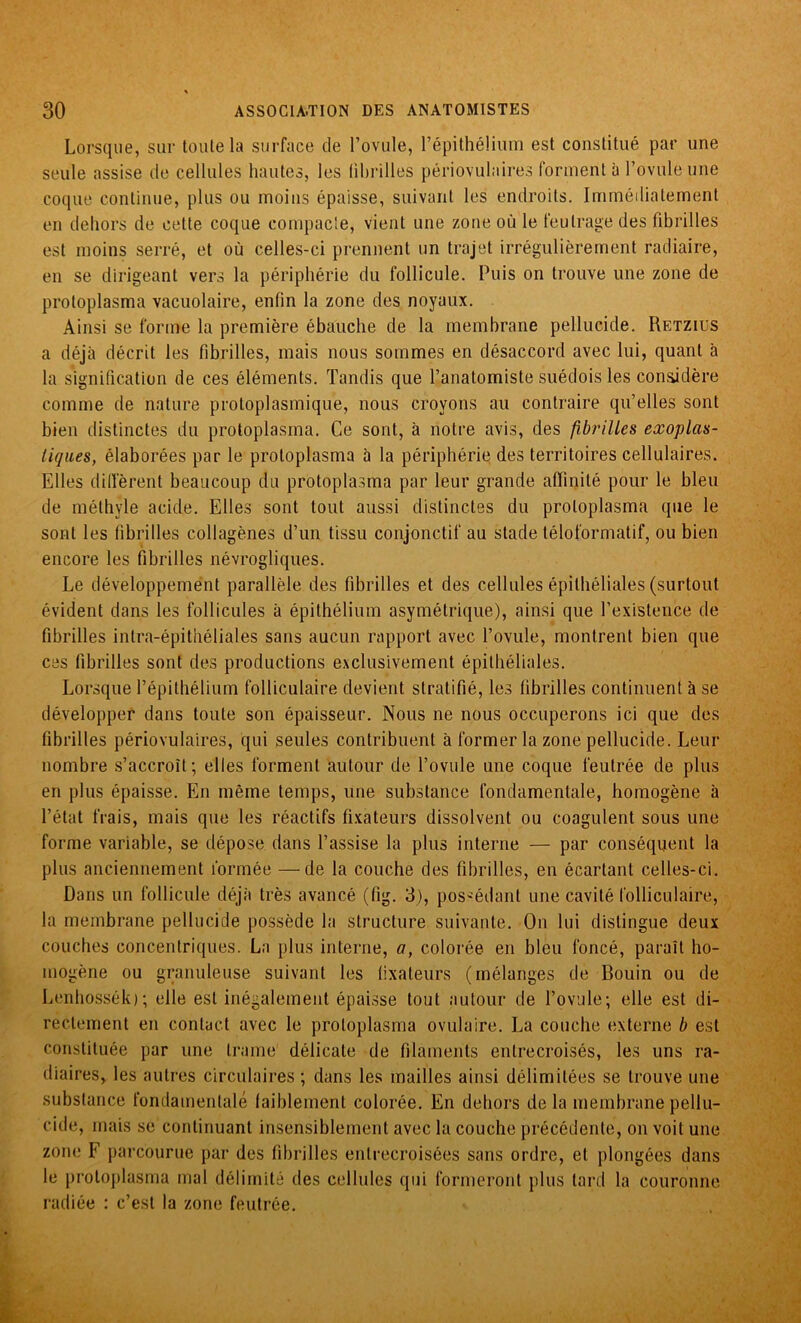 Lorsque, sur toute la surface de l’ovule, l’épithélium est constitué par une seule assise île cellules hautes, les fibrilles périovulaires forment à l’ovule une coque continue, plus ou moins épaisse, suivant les endroits. Immédiatement en dehors de cette coque compacle, vient une zone où le feutrage des fibrilles est moins serré, et où celles-ci prennent un trajet irrégulièrement radiaire, en se dirigeant vers la périphérie du follicule. Puis on trouve une zone de protoplasma vacuolaire, enfin la zone des noyaux. Ainsi se forme la première ébauche de la membrane pellucide. Retzius a déjà décrit les fibrilles, mais nous sommes en désaccord avec lui, quant à la signification de ces éléments. Tandis que l’anatomiste suédois les considère comme de nature protoplasmique, nous croyons au contraire qu’elles sont bien distinctes du protoplasma. Ce sont, à notre avis, des fibrilles exoplas- liques, élaborées par le protoplasma à la périphérie des territoires cellulaires. Elles diffèrent beaucoup du protoplasma par leur grande affinité pour le bleu de méthyle acide. Elles sont tout aussi distinctes du proloplasma que le sont les fibrilles collagènes d’un tissu conjonctif au stade téloformatif, ou bien encore les fibrilles névrogliques. Le développement parallèle des fibrilles et des cellules épithéliales (surtout évident dans les follicules à épithélium asymétrique), ainsi que l’existence de fibrilles intra-épithéliales sans aucun rapport avec l’ovule, montrent bien que ces fibrilles sont des productions exclusivement épithéliales. Lorsque l’épithélium folliculaire devient stratifié, les fibrilles continuent à se développer dans toute son épaisseur. Nous ne nous occuperons ici que des fibrilles périovulaires, qui seules contribuent à former la zone pellucide. Leur nombre s’accroît; elles forment autour de l’ovule une coque feutrée de plus en plus épaisse. En même temps, une substance fondamentale, homogène à l’état frais, mais que les réactifs fixateurs dissolvent ou coagulent sous une forme variable, se dépose dans l’assise la plus interne — par conséquent la plus anciennement formée —de la couche des fibrilles, en écartant celles-ci. Dans un follicule déjà très avancé (fig. 3), possédant une cavité folliculaire, la membrane pellucide possède la structure suivante. On lui distingue deux couches concentriques. La plus interne, a, colorée en bleu foncé, paraît ho- mogène ou granuleuse suivant les fixateurs (mélanges de Bouin ou de Lenhossék); elle est inégalement épaisse tout autour de l’ovule; elle est di- rectement en contact avec le protoplasma ovulaire. La couche externe b est constituée par une trame délicate de filaments entrecroisés, les uns ra- diaires, les autres circulaires; dans les mailles ainsi délimitées se trouve une substance fondamentale faiblement colorée. En dehors de la membrane pellu- cide, mais se continuant insensiblement avec la couche précédente, on voit une zone F parcourue par des fibrilles entrecroisées sans ordre, et plongées dans le protoplasma mal délimité des cellules qui formeront plus tard la couronne radiée : c’est la zone feutrée.