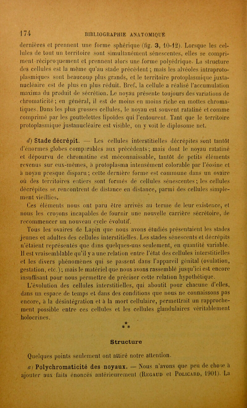 dernières et prennent une forme sphérique (fig. 3, 10-12). Lorsque les cel- lules de tout un territoire sont simultanément sénescentes, elles se compri- ment réciproquement et prennent alors une forme polyédrique. La structure des cellules est la même qu’au stade précédent ; mais les alvéoles inlraproto- plasmiques sont beaucoup plus grands, et le territoire protoplasmique juxta- nucléaire est de plus en plus réduit. Bref, la cellule a réalisé l’accumulation maxima du produit de sécrétion. Le noyau présente toujours des variations de chromaticilé; en général, il est de moins en moins riche en mottes chroma- tiques. Dans les plus grosses cellules, le noyau est souvent ratatiné et comme comprimé par les gouttelettes lipoïdes qui l’entourent. Tant que le territoire protoplasmique justanucléaire est visible, on y voit le diplosome net. d) Stade décrépit. — Les cellules interstitielles décrépites sont tantôt d’énormes globes comparables aux précédents; mais dont le noyau ratatiné et dépourvu de chromatine est méconnaissable, tantôt de petits éléments revenus sur eux-mêmes, à protoplasma intensément colorable par T éosine et à noyau presque disparu; cette dernière forme est commune dans un ovaire où des territoires entiers sont formés de cellules sénescentes ; les cellules décrépites se. rencontrent de distance en distance, parmi des cellules simple- ment vieillies. Ces éléments nous ont paru être arrivés au terme de leur existence, et nous les croyons incapables de fournir une nouvelle carrière sécrétoire, de recommencer un nouveau cycle évolutif. Tous les ovaires de Lapin que nous avons étudiés présentaient les stades jeunes et adultes des cellules interstitielles. Les stades sénescents et décrépits n’étaient représentés que dans quelques-uns seulement, en quantité variable. II est vraisemblable qu’il y a une relation entre l’état des cellules interstitielles et les divers phénomènes qui se passent dans l’appareil génital (ovulation, gestation, etc.); mais le matériel que nous avons rassemblé jusqu’ici est encore insuffisant pour nous permettre de préciser cette relation hypothétique. L’évolution des cellules interstitielles, qui aboutit pour chacune d’elles, dans un espace de temps et dans des conditions que nous ne connaissons pas encore, à la désintégration et à la mort cellulaire, permettrait un rapproche- ment possible entre ces cellules et les cellules glandulaires véritablement holocrines. * * * Structure Quelques points seulement ont attiré notre attention. a) Polychromaticité des noyaux. — Nous n’avons que peu de cho^e a ajouter aux faits énoncés antérieurement (Regaud et Boucard, 1901). La